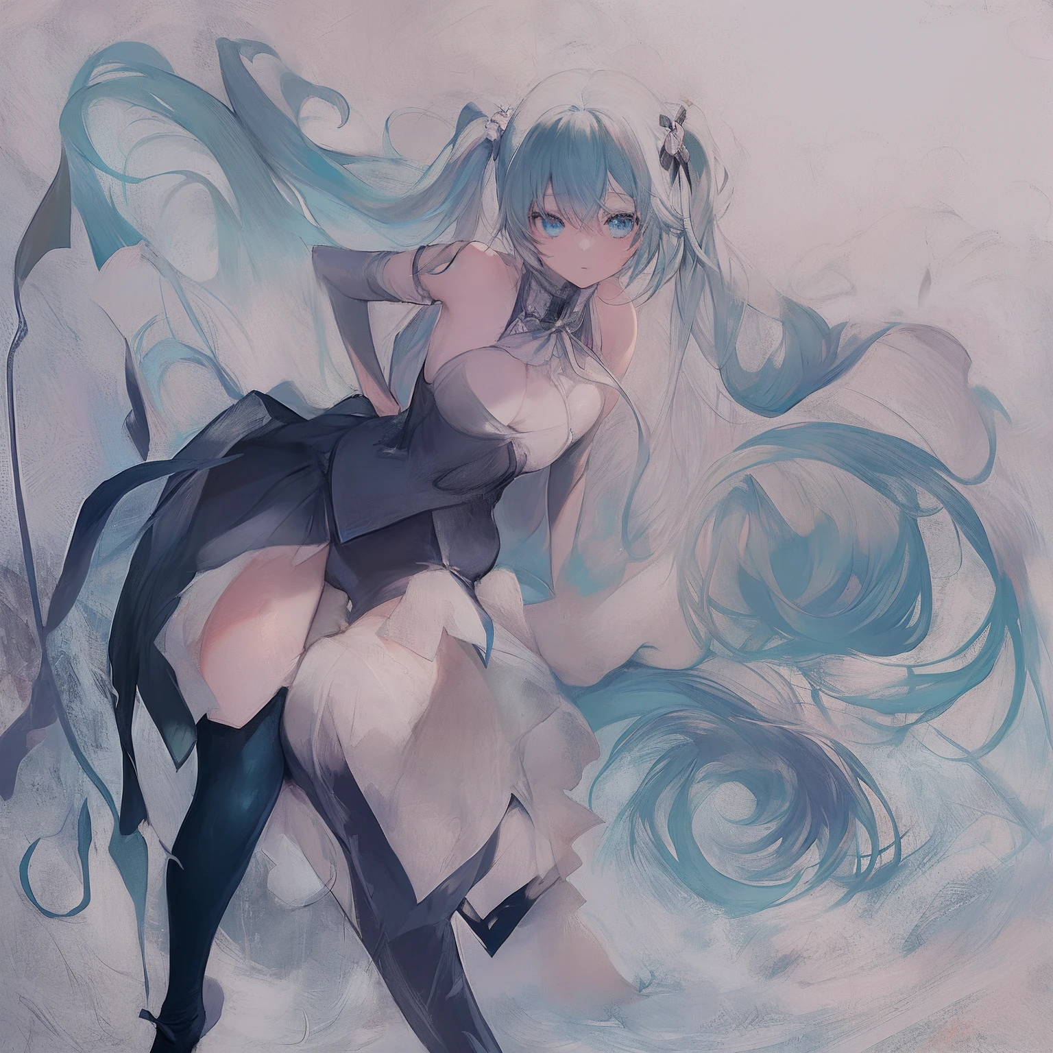 Let's start with a base illustration of a young female character.
Adjust the hair color to Hatsune Miku's iconic turquoise blue.
Style the hair to be very long, reaching below the waist, in twin tails. Ensure the twin tails are evenly balanced and neatly wrapped at the top.
Give the hair a glossy appearance and a slightly voluminous texture.
Create a youthful and cute facial expression with large, expressive eyes. The eye color should be a bright shade of blue.
Give her a characteristic slim and petite body frame.
Remove the distinctive outfit consisting of a sleeveless top, tie, and pleated skirt. Include shades of teal and black in the color scheme.
Include signature accessories such as a futuristic headset, microphone, and detachable sleeves.
Optionally, add knee-high boots or thigh-high socks in matching color tones.
Provide a background that complements the aesthetic, such as a futuristic cityscape or a concert stage with colorful lights.
Please note that due to the complexity of the instructions, it may be challenging for an AI to accurately generate an image based on the exact specifications provided.
Please draw it in a sketch-like style, resembling an idea sketch.
A drawing that looks like it was done with a pencil. A picture drawn in a messy manner. A drawing done with hesitation.Soft Joints - Dancer's Joints - Twisting the Hips Dramatically - No Use of Black in Outlines - Pink Illumination - Lowered Gaze - Slender Eyes - Puffy Cheeks - Visible Abdominal Skin - Hair Color is Aqua - Hair Doesn't Turn Green - Employing Light Pastel Colors for Outlines.