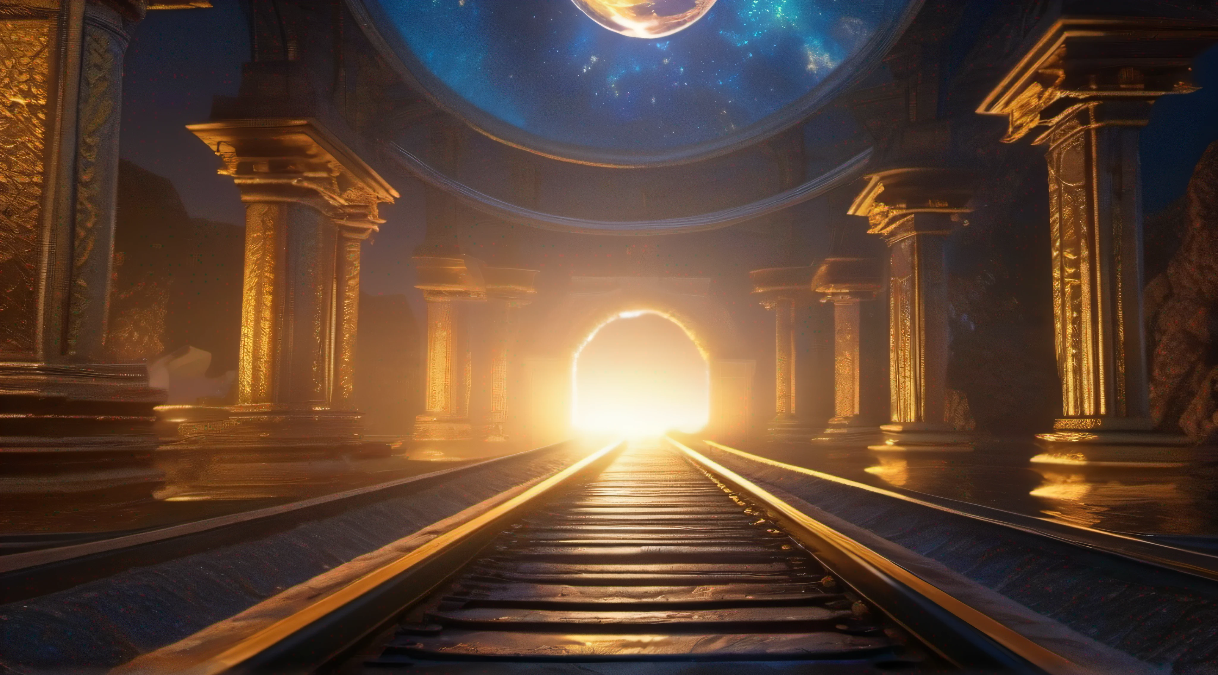 a rail road going to behind a blue glowing planet, inside of water, ruins of Lost Atlantis, made of gold, rendered in unreal engine 5, high detail, ultra quality, shot from outside ,