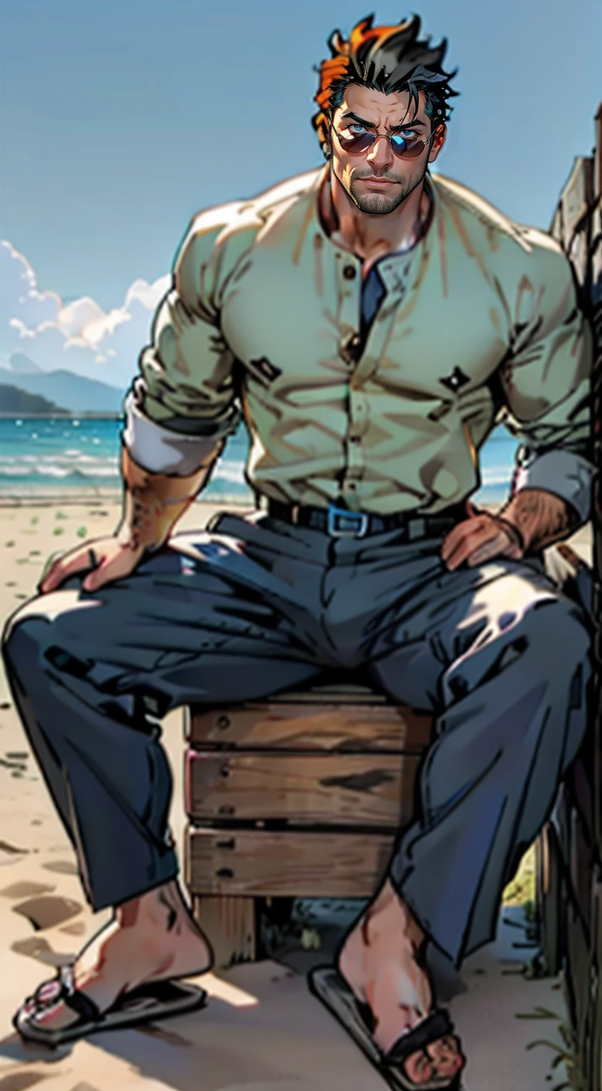 Mature male，45 yers old，short detailed hair，Slag，musculous，vast pecs，Wide shoulders，Thick-breasted，（Huge crotch bulge：1.5），Buttonless colored shirt，Briefs，slippers，in beach，Sit Pose，With sunglasses，Indecent expressions，Indecent pose，Male gaze，tmasterpiece，High- sharpness，high detal，full bodyesbian，in a panoramic view，Cartoon，Line decoration style，Fine face