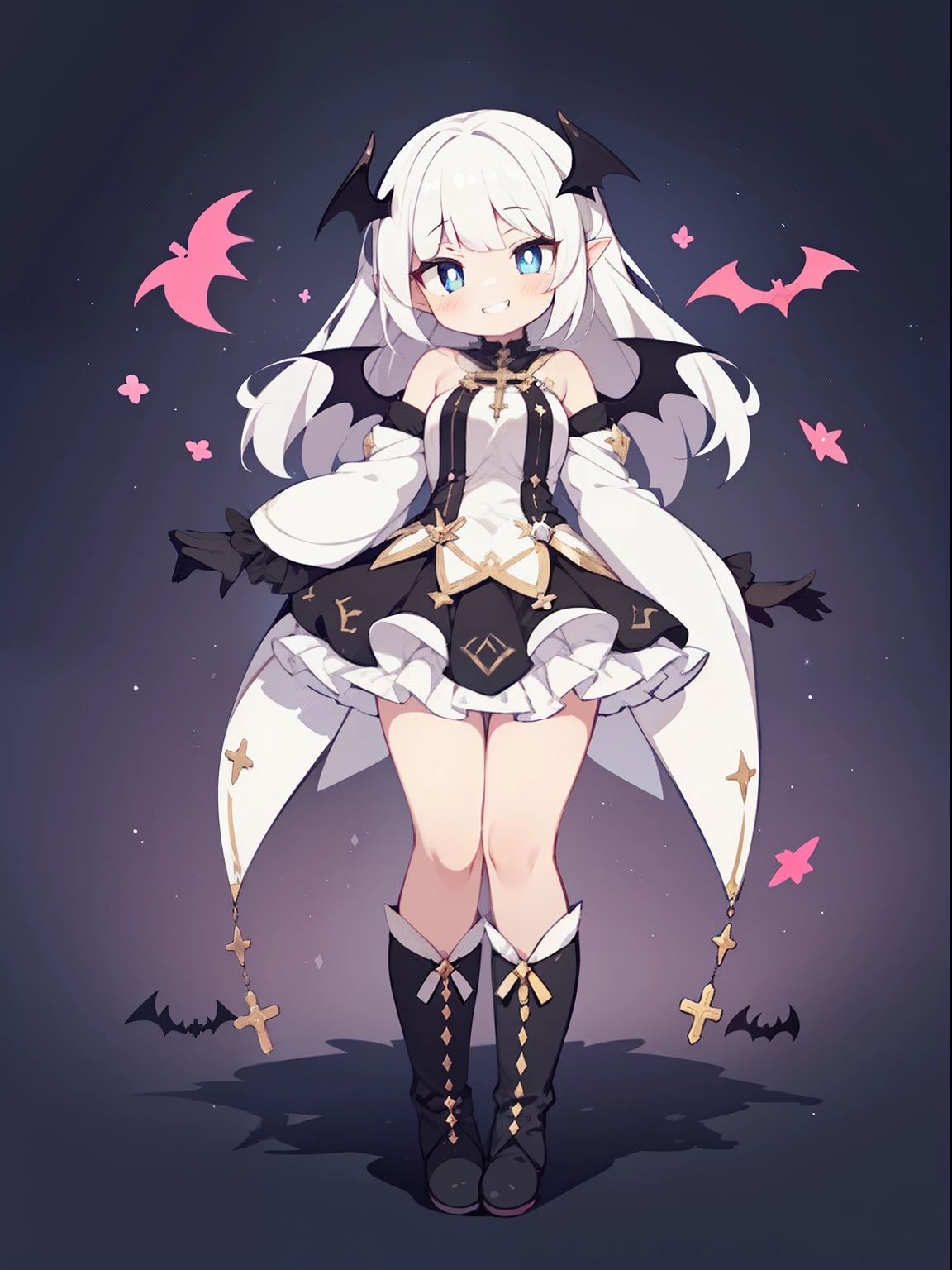 (1girl in:1.2), (Solo:1.2), masutepiece, nffsw、Shaders、Brilliant Textured Work、Ultra-detailed eyes、ultra-intricate pupil in eyes、top-quality、White hair、Evil Fall、Adults、Mature、Slender body、Standing picture、magical little girl、long hair that grows to the shoulders、voluminous hair、Clothes only in black and white、Large ribbon、very large breast、Wide sleeves、starrysky、Wicked grin、white glove、Tiered mini skirt、Absolute area、white stockings、Magical Girl Boots、Cross pattern、Large cross pattern、Dynamic Poses、Bat Wings、mesugaki、Succubus Accessories、Succubus body、Cheeky face、Tall、Succubus tail、