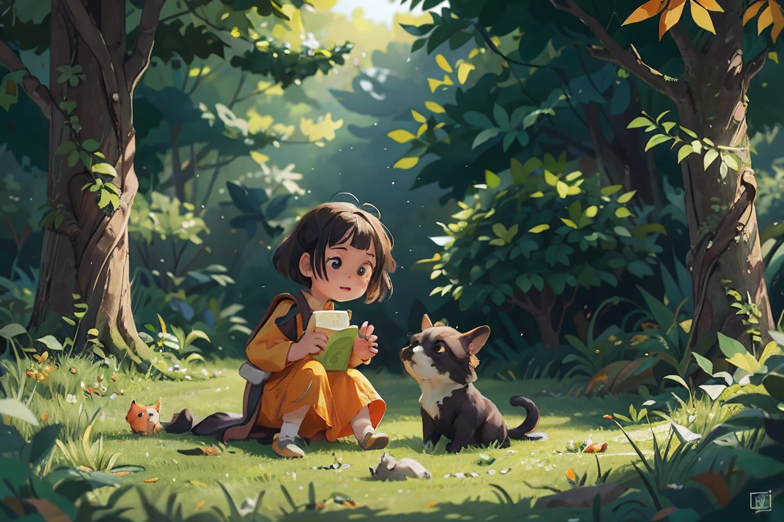 Foliage,ginko,Level,Foliage,green color,Orange colors,amarelo,illustration,high definition detail,Textured,planar, girl and a cute puppy,iintricate,ultra - detailed,tmasterpiece,