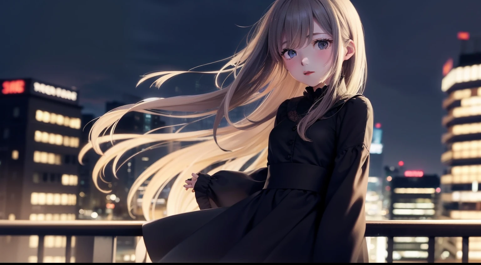 On the roof of a high-rise apartment building in the city、The young maiden stood and fluttered in the wind。Her gaze stared into the distance.、I have a mixture of dreams and sadness in my heart.。The lights of the surrounding buildings illuminated her silhouette.、It was as if she herself had integrated into the city
