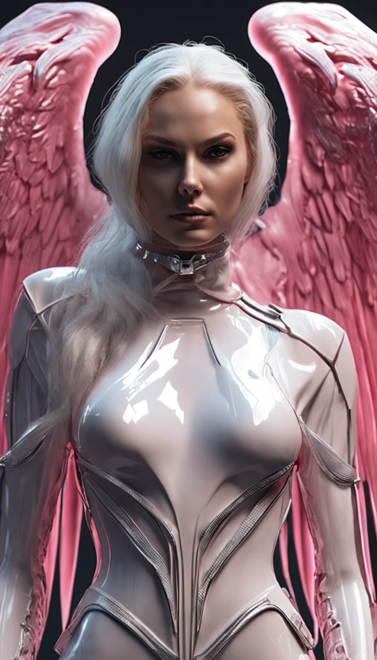 Close-up of angel statue with wings, angel of death, angel of death, unreal engine rendered + A goddess, villainess has black angel wings, the angel of death with a halo, angel in plastic armor, Flowing white robe, portrait of the angel of death, angel knight gothic girl, full - body majestic angel, angel protecting woman, Cover art, Take control of your life, Stick to life, One is called "Snatch life"Full body like,(RAW photo:1.2),Pink latex jumpsuit,Hollow-out on,Holt collar, latex shiny,tight-fitting,sweat leggs,White liquid, Pink body, wearing atsuko kudo latex outfit, wearing tight suit, Smooth pink skin, catsuits, Wearing latex, shiny plastic, shiny metallic glossy skin, The color of pink glow, latex outfit, chrome bodysuit, cyberpunk glossy latex suit, Shiny, futuristic glossy latex suit spread their legs M-shaped legs angry look sullenness Irritated,white liquid all over body,