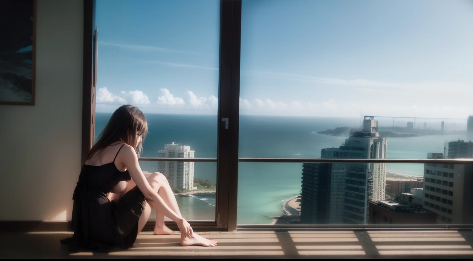 abstract colors, texture, film grain, skin pores, dusty atmospheric haze, vignetting, wrinkles:0.2 intricate hasselblad dslr RAW full-body dramatic portrait photo of a beautiful girl with long (windblown)1.2 hair wearing a sundress, sitting on a ledge overlooking a (scifi solarpunk)1.2 city skyline, dangling legs, foggy morning, (backlit)1.2, (film grain)1.2, coastal atolls