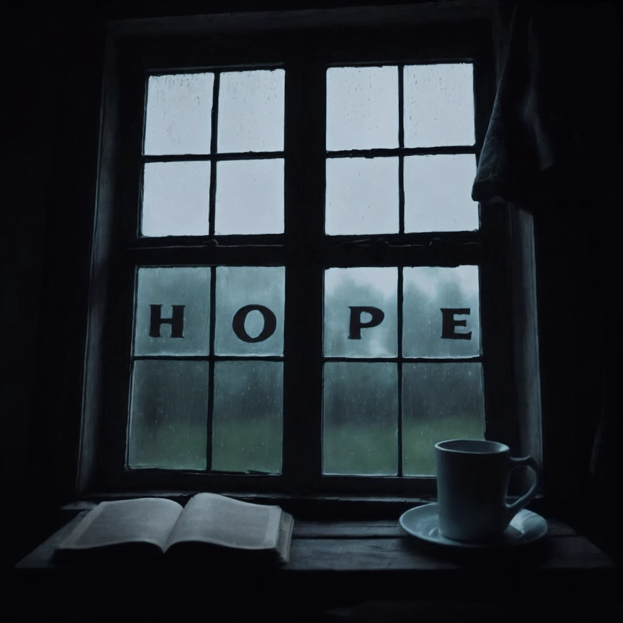 there is a cup of coffee and a book on a table by a window, hopeful, hope, sense of hope, only hope, hopeful and bright, hopelessness, window, hopeful expression, inspired by Carl Hoppe, bright hopeful atmosphere, next to a window, light coming through the window, near a window, window open, light coming from windows