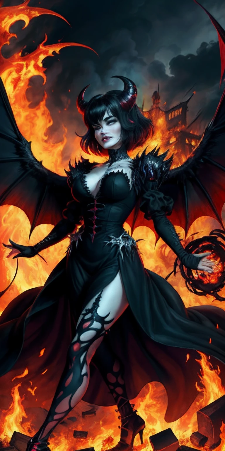 Ultra-detailed Lisa Ann stands atop a pile of burning ruins, Her diabolical and insidious presence radiating from her dark crown and black and red evil queen dress......... Her demon wings on her back and demon horn give her an invincible aura as she unleashes a powerful wave of destruction with a single gesture................