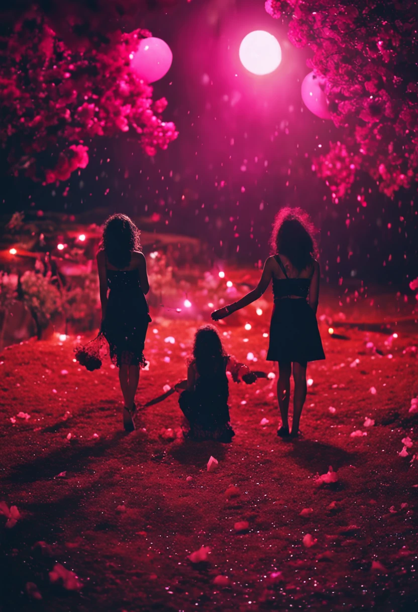 dos mujeres con pelos rosas camisas rojas y faldas negras mirando a una noche estrellada sentadas en el pasto