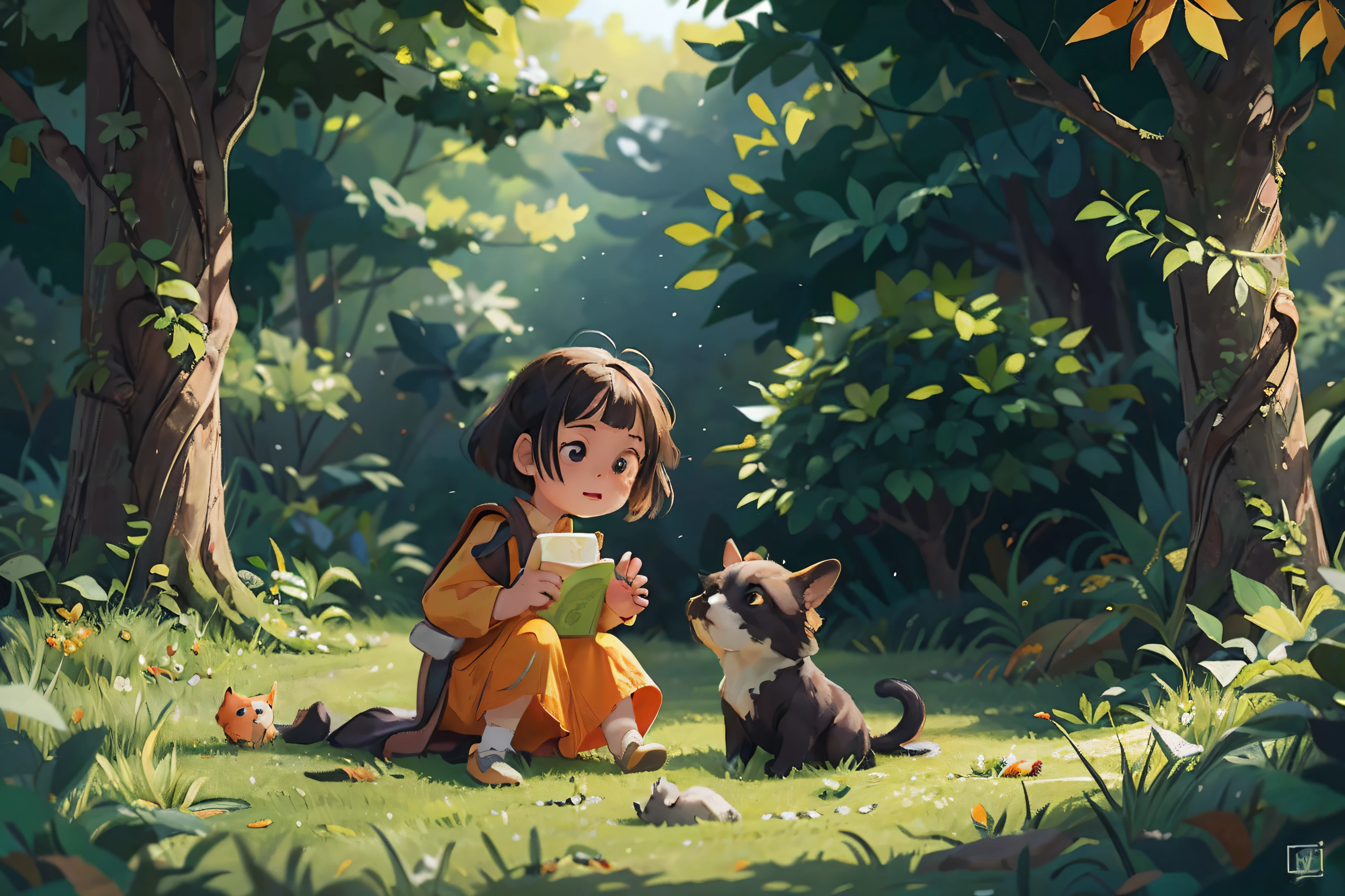 Foliage，ginko，Level，Foliage，green color，Orange colors，amarelo，illustration，high definition detail，Textured，planar，Little girl and a cute puppy，iintricate，ultra - detailed，tmasterpiece，