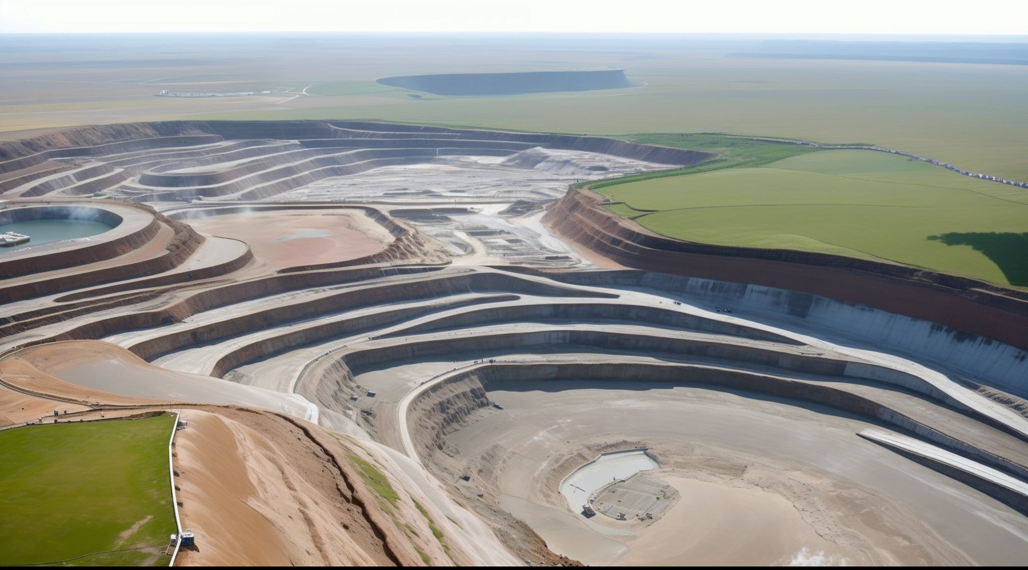 The morning sun shines through the clouds，The large pit formed by mining is full of tulips，amarelo、White and pink flowers。The bottom of the pit is clear water，Reflecting white clouds，birds flying，White clouds drift in the blue sky。Pleasant view。