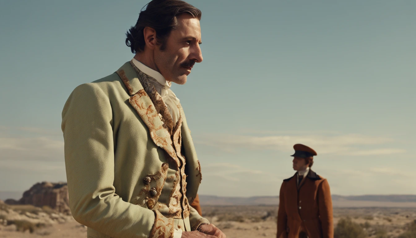 An aristocratic man in fine clothes is looking at a man in shabby clothes,Wes Anderson