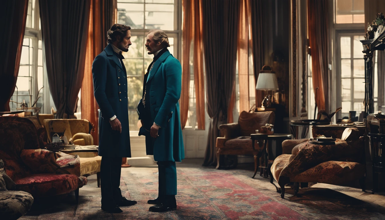 An aristocratic man in fine clothes is looking at a man in shabby clothes,Wes Anderson