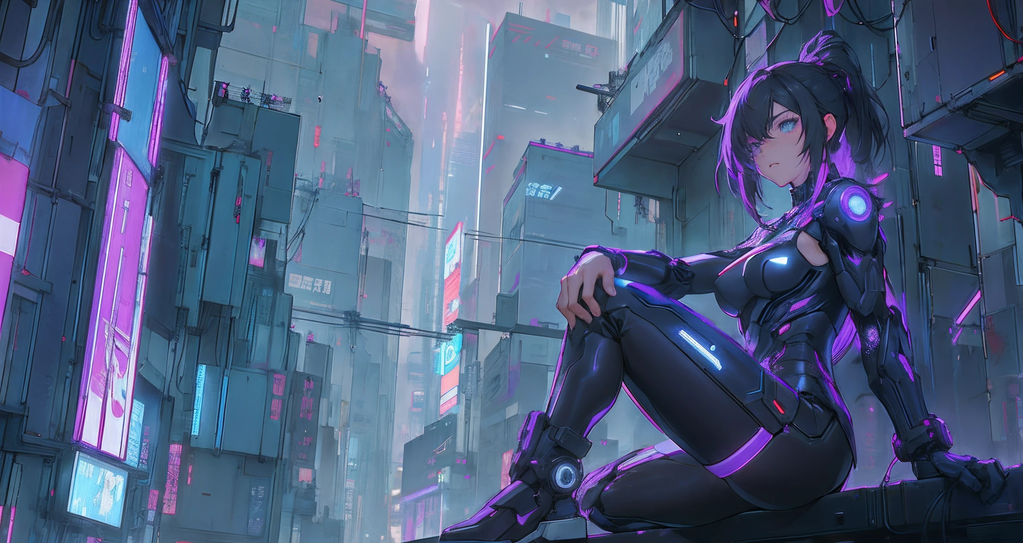 Cyber girl sitting on a ledge in the city at night。Cyberpunk anime art envelops her as digital worlds intersect。Modern cyberpunk art style illuminated by neon lights、It depicts a fusion of an anime girl and a mecha.。This art with a cyberpunk theme is、Feel like a dreamy future。With the scenery of a cyberpunk city lined with skyscrapers、Her presence is enchanting,、It seems to be wrapped in a mysterious magic。