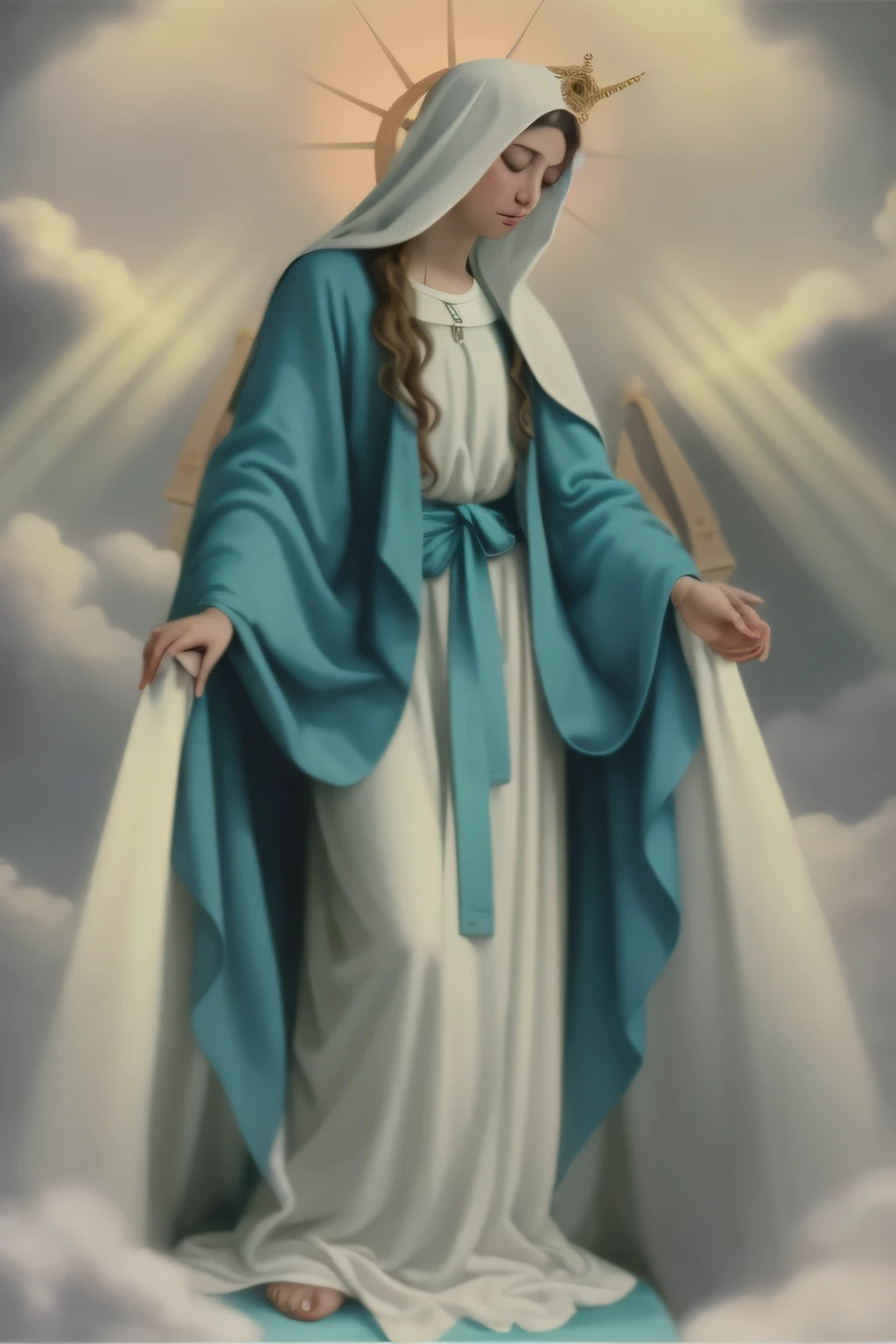 uma pintura de uma mulher com um manto azul e um manto branco, queen of heaven, Virgem Maria, mary in a sanctuary, Retrato da Virgem Maria, majestosa mulher de santo, santo e belo, aura santa, divine ray over her head, aura sagrada brilhante, catholic religious art, imagens sagradas, she is arriving heaven, Maria Devinat