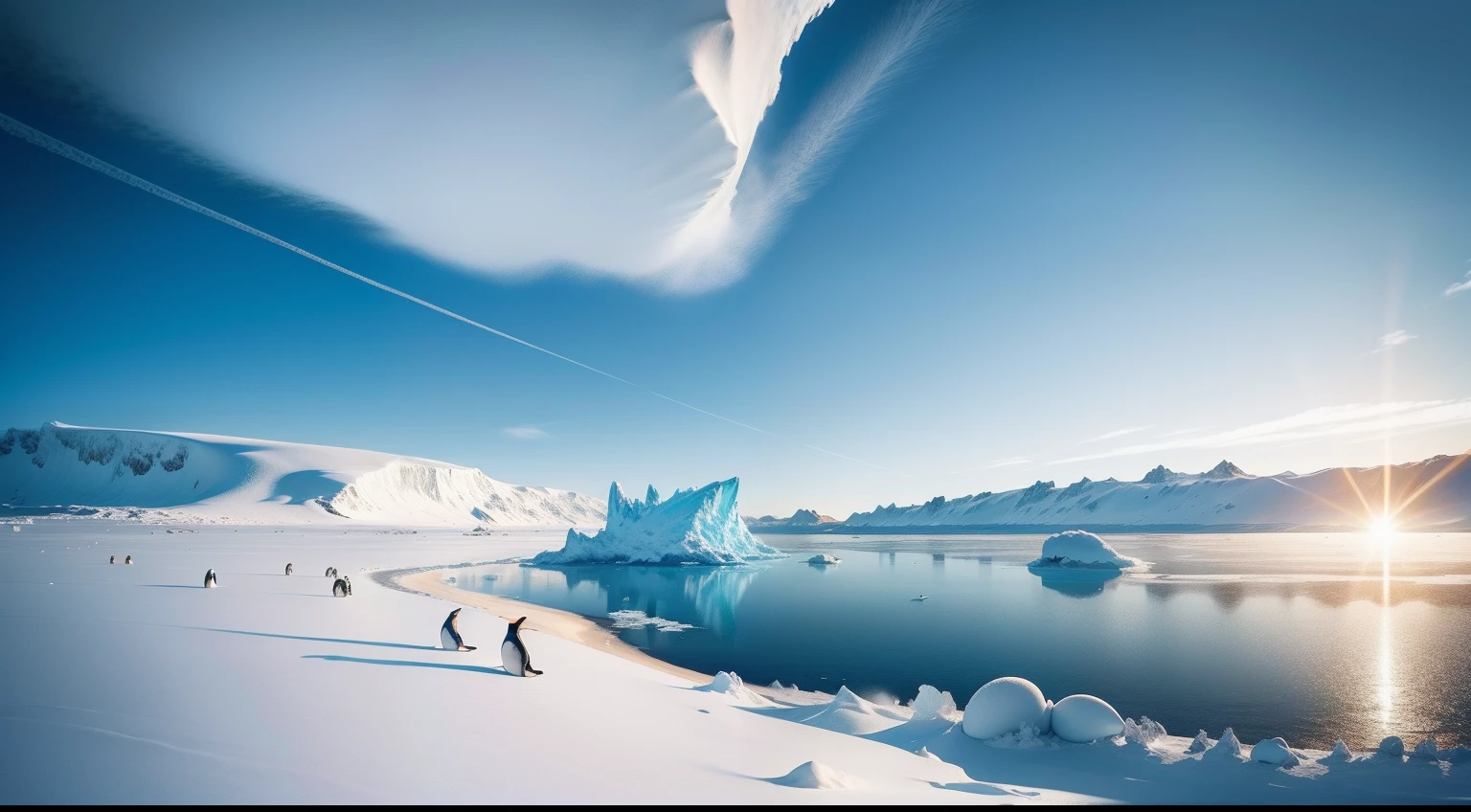 sunny mid day,South Pole,Attention to detail,Snowy sea,There are ice floes,The ground is full of snow,There are penguins and seals by the sea,There are blue icebergs in the distance,Virtually cloudless,japan manga style. --v6