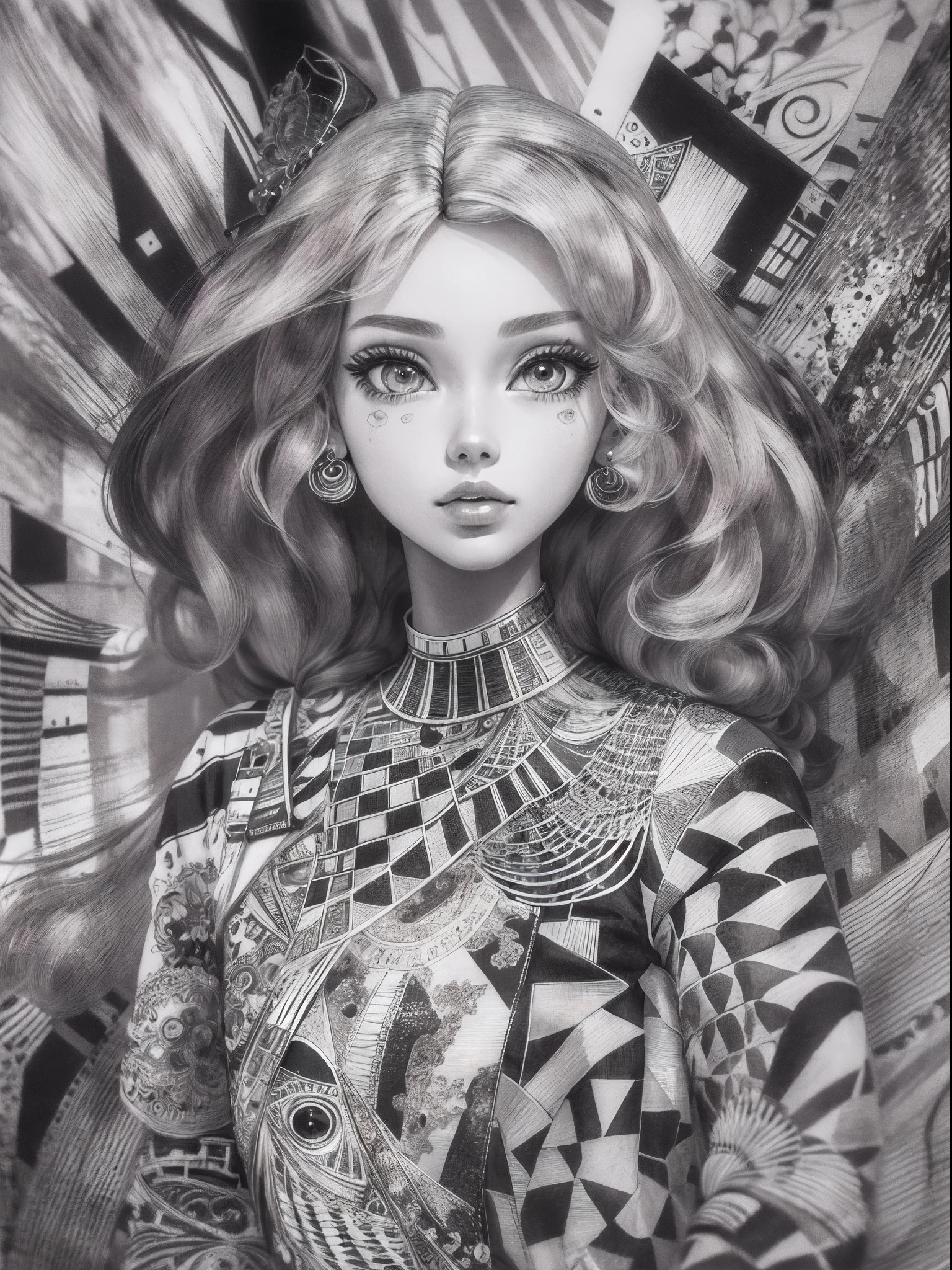((best quality)) , ((masterpiece)) , (detailed) ,(1 female, Barbie doll:1.2) , (art by Ernst Wilhelm Nay:0.7) , Anime, highly detailed, Rule of Thirds, professional shot of a Elevated thick , Egyptian hair, at Dawn, soft focus, Confused, Vaporwave, Fish-eye Lens, Grayscale, intricate details, dynamic composition, most beautiful artwork in the world, pixiv, ,8k resolution