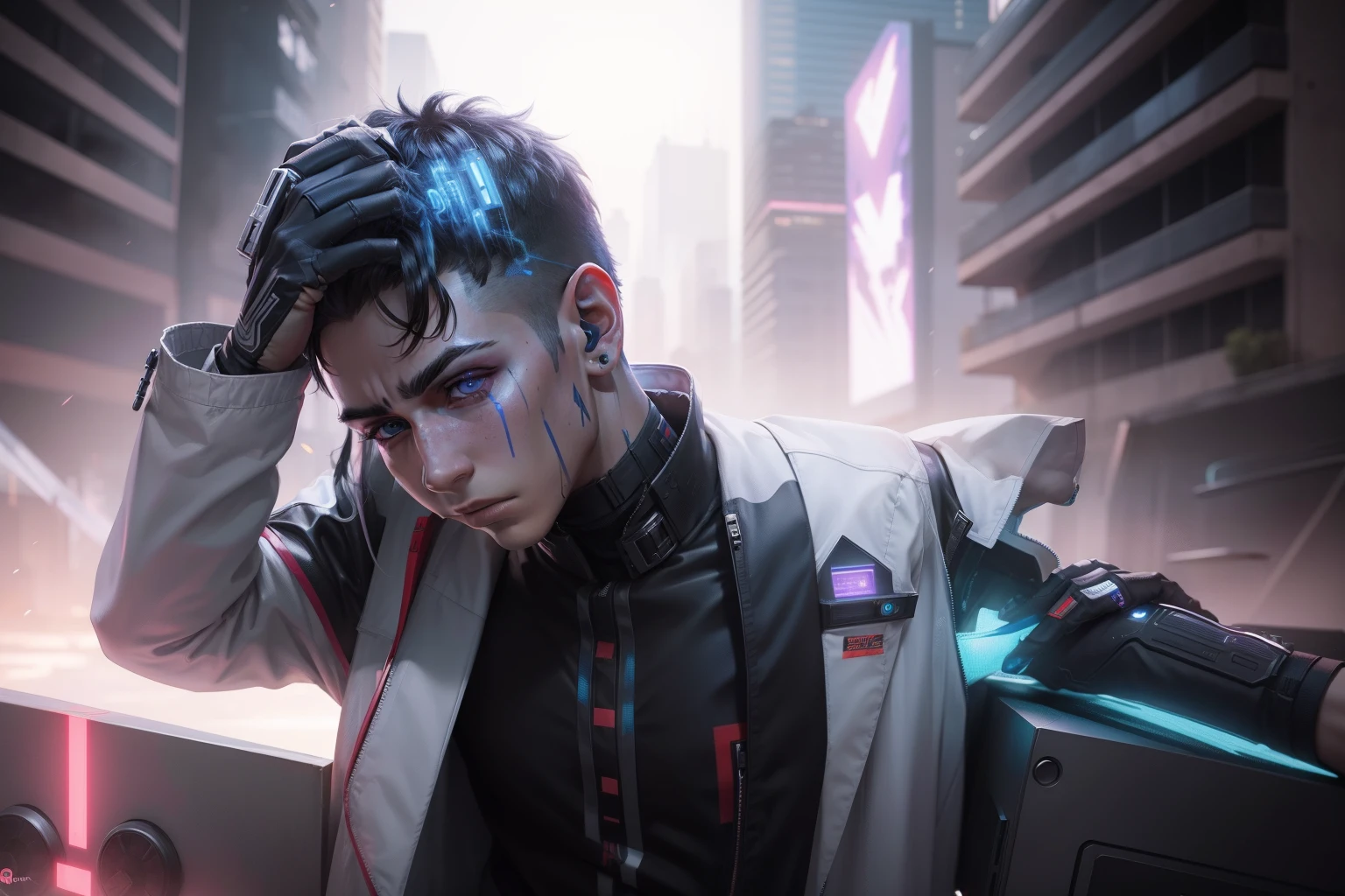 Change background cyberpunk boy, realistic face,8k, ultra realistic face