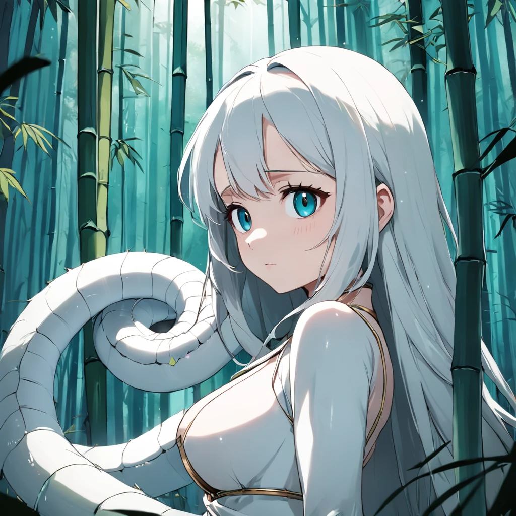 A cute white snake,largeeyes,long eyelasher,in bamboo forest,Folk suspense comic book style,SENSE OF CINEMA,quadratic element,anime big breast,3D
