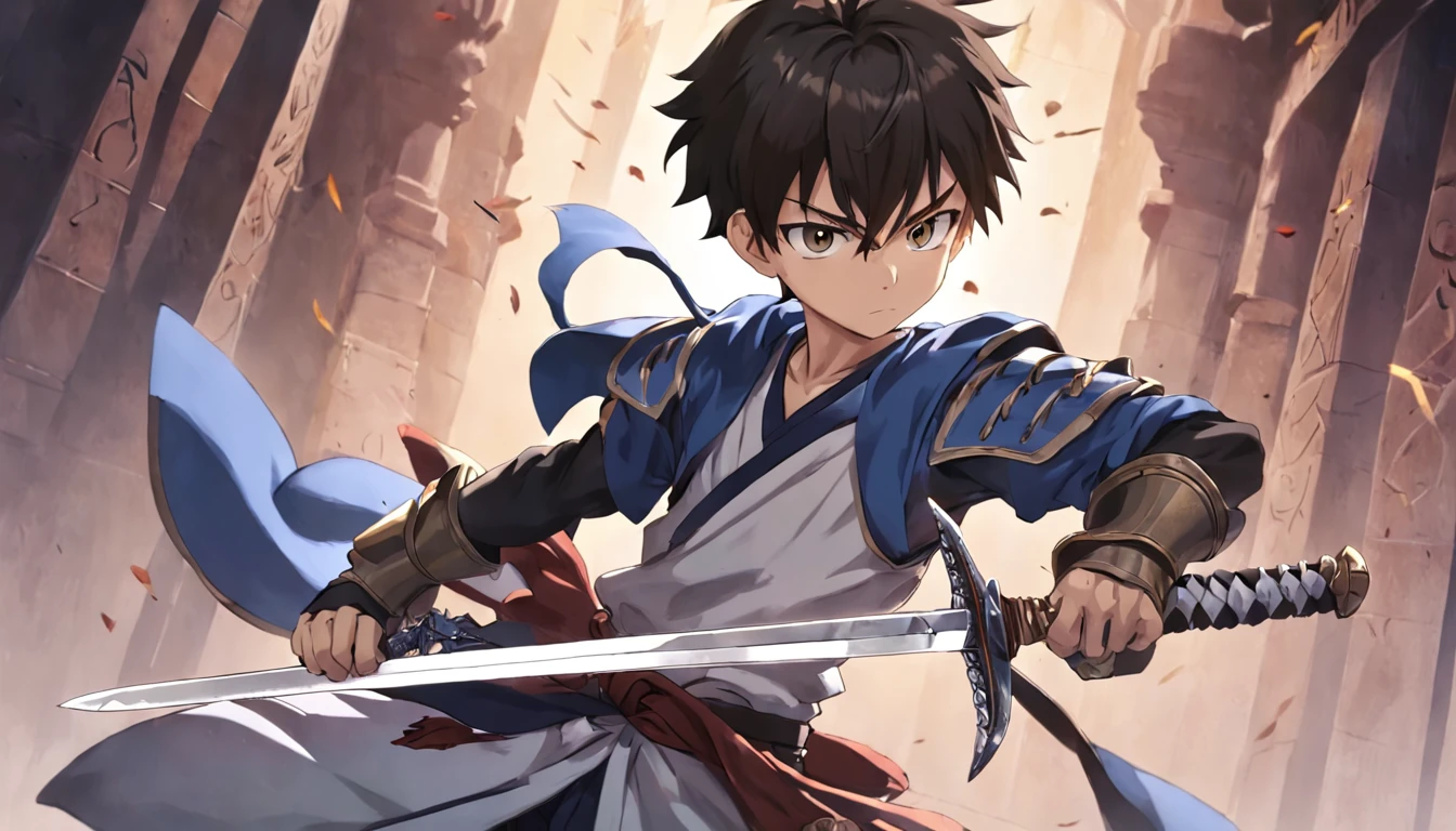style of anime，A boy holds a sword