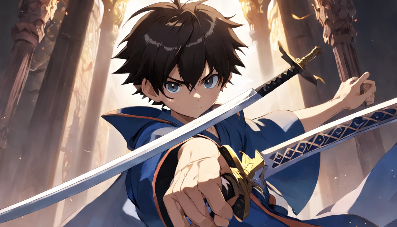 style of anime，A boy holds a sword