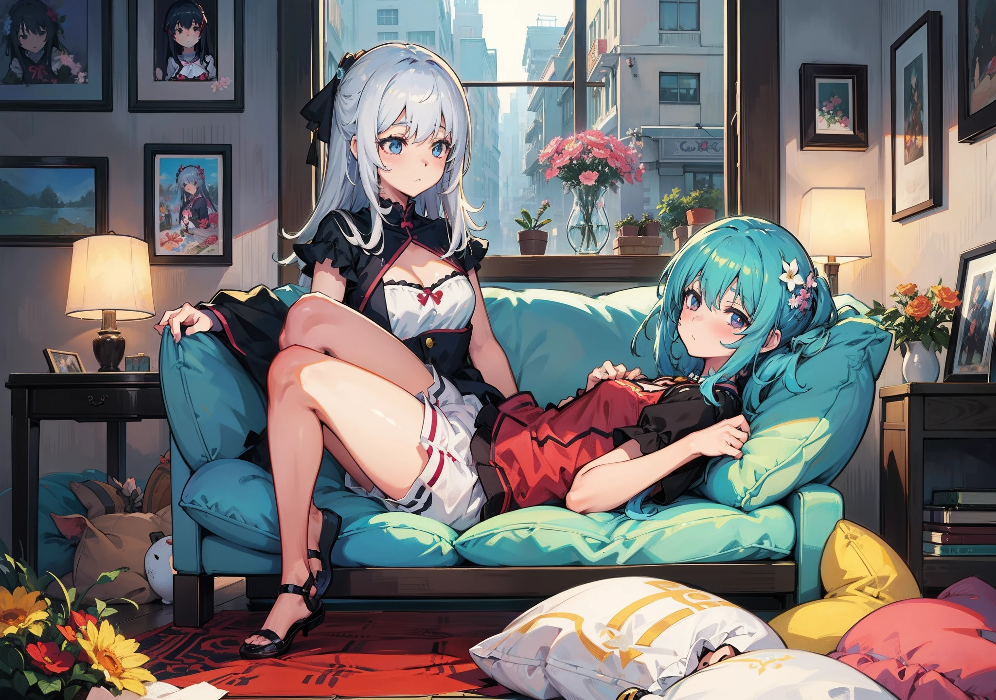 Anime image of two girls lying on sofa wearing flowers, two beautiful anime girls, trending on cgstation, at pixiv, WLOP and Sakimichan, Guweiz in Pixiv ArtStation, Pisif, nixeu and sakimichan, Highest rated on Pisif, Guviz, girls resting, Anime girls