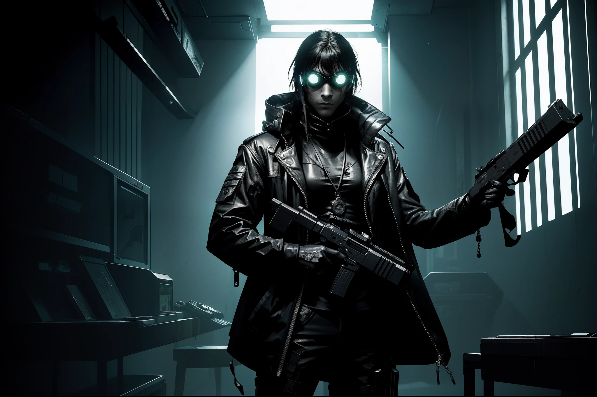 "frog character dressed in a cyberpunk outfit, wielding a pistol, monochromatic, high contrast, with a daguerreotype aesthetic, in a sci-fi setting."