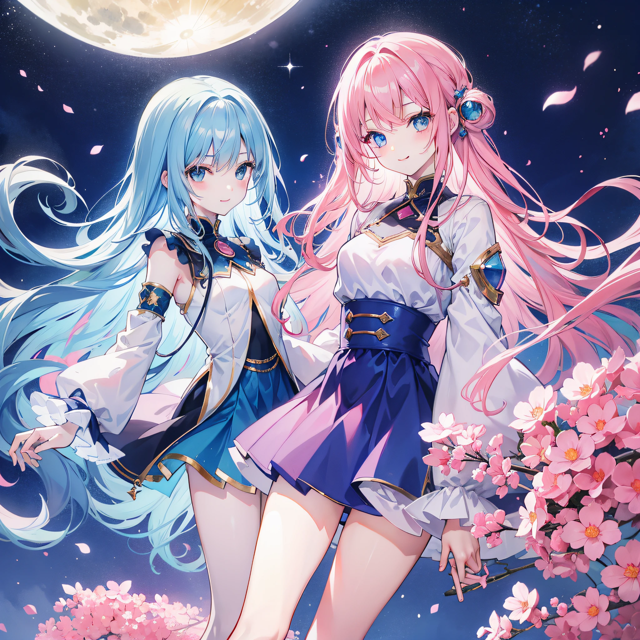Detailed、Soft skin、Anime style、Blue eyes、Women in Their 20s、background cosmos、The long-haired、Pink hair、a smile、Copying from bottom to top、Clothes are miniskirts