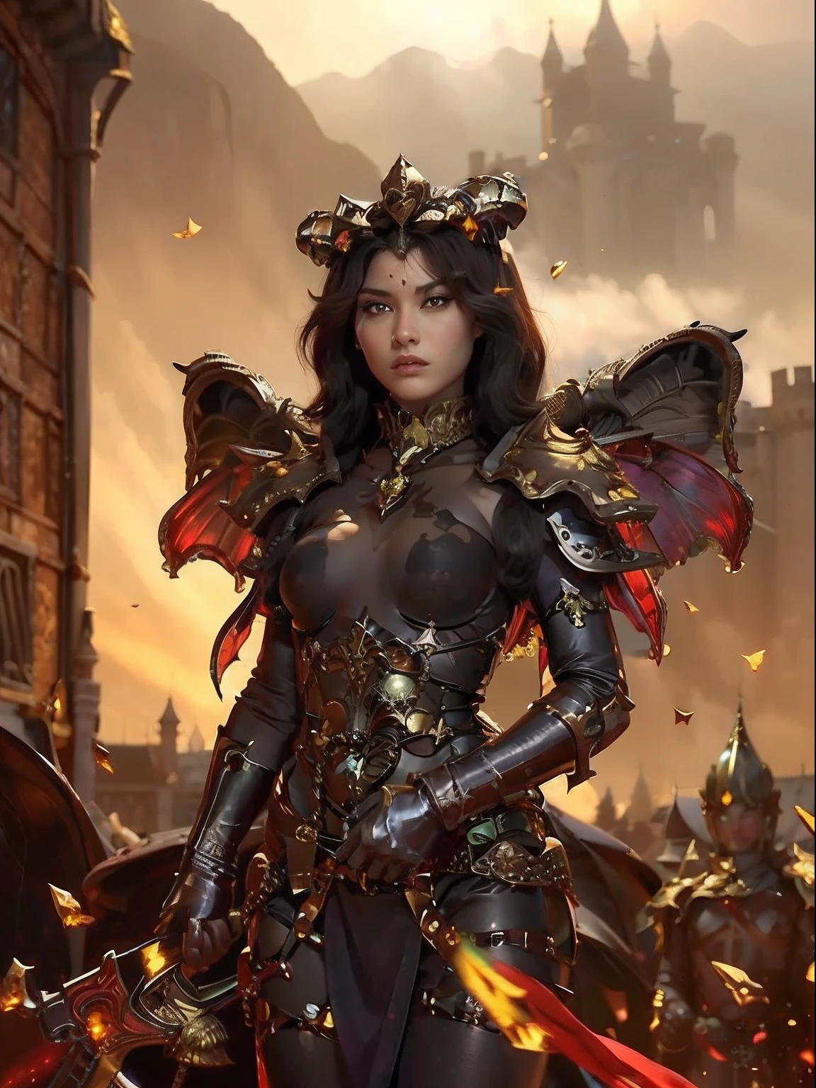 Professional , ​masterpiece、top-quality、photos realistic , depth of fields （Gemstone Gold Metal Body:1.９),(Matte Black、Jewel Gold Weapon、（Gorgeous castle background）、（ultimate beauty girl）、（Rainbow fairy wings grow）、Particles of light、（Metal body of iridescent gemstones:1.９),Gorgeous Jewel Metal Weapons , Detailed Sword of the Brave ,（ a blond）    , adepta sororitas,Detail and ornate jewel crown、独奏、Brown hair、Mystical expression、（Gangle's forest background）、Beautiful Caucasian beauty、１a person、dynamic ungle,(((Diamond tiara with detail and luxury)))、a small face、Beautiful poses、（Gorgeous castle background）、huge filesize、Beautiful girl at 16 years old、Stand in the center of the screen、Thin female fingers、Straight long hair、Beautiful Caucasian beauty、（maikurobikini）、Hair fluttering in the wind、face forwards、Look at viewers、（Armpit）、Armpit、