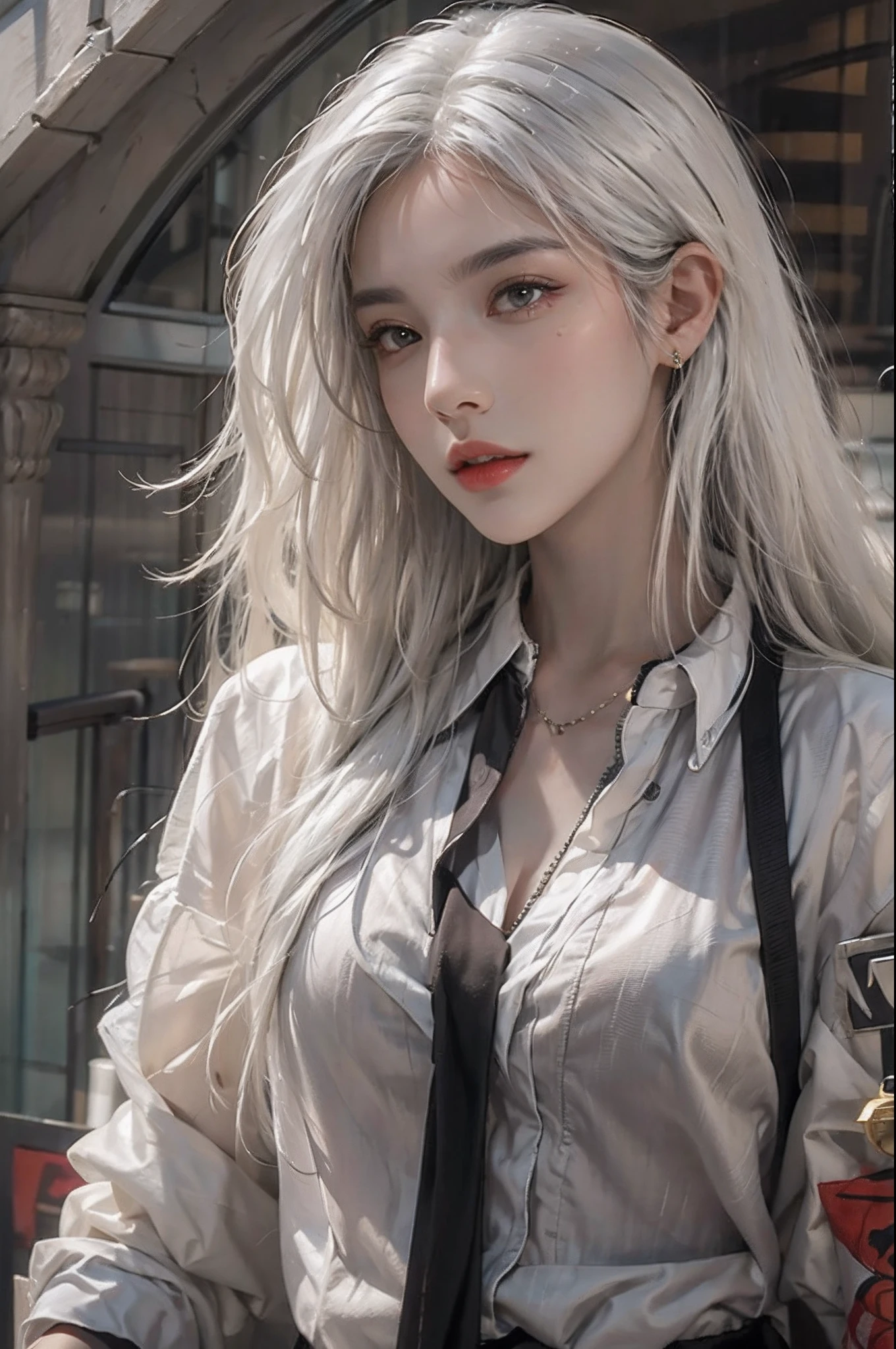 photorealistic, high resolution, 1women, solo, hips up, look at viewer, (detailed face), white hair, long hair, mafia clothes, tattoo, jewelry