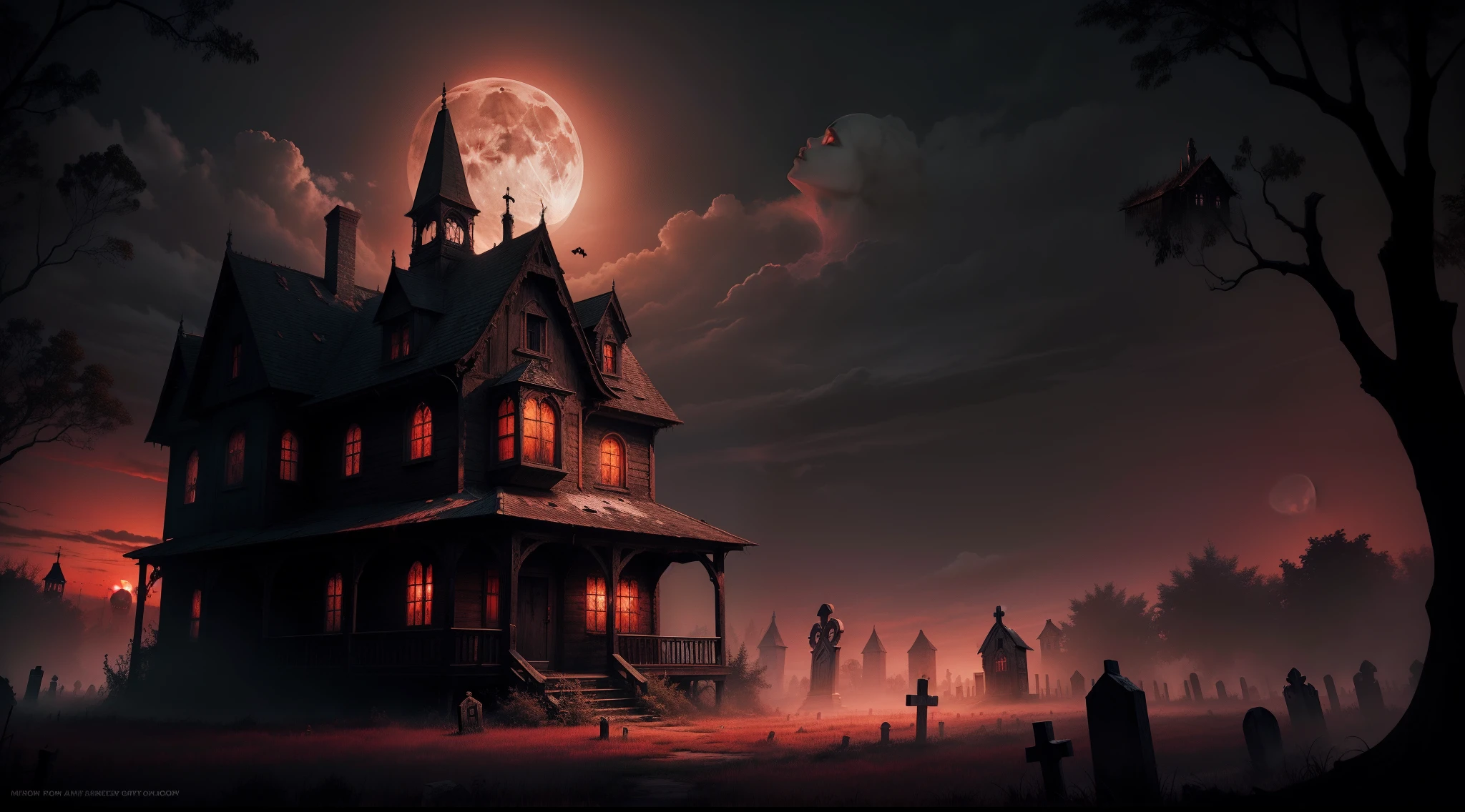 horror book cover, abandoned wooden gothic house with a graveyard, full moon, spooky atmosphere, halloween, red sky