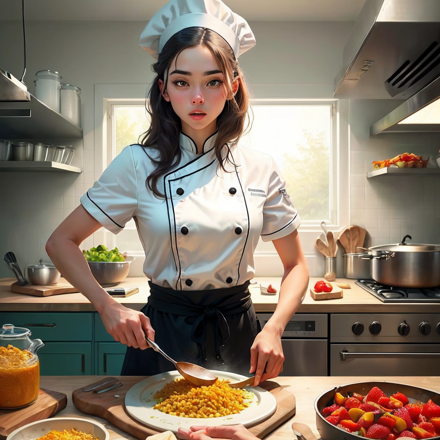 Generate a realistic image in which a chef with an extravagant chef's hat and wild eyes is surrounded by food dishes that seem dangerous, venenoso como ojos malvados en las frutas o colores inusuales en los alimentos. Make the chef look surprised or confused as he tries to cook with these strange ingredients. La imagen debe transmitir un ambiente de cocina sucia. Remember the dirty kitchen