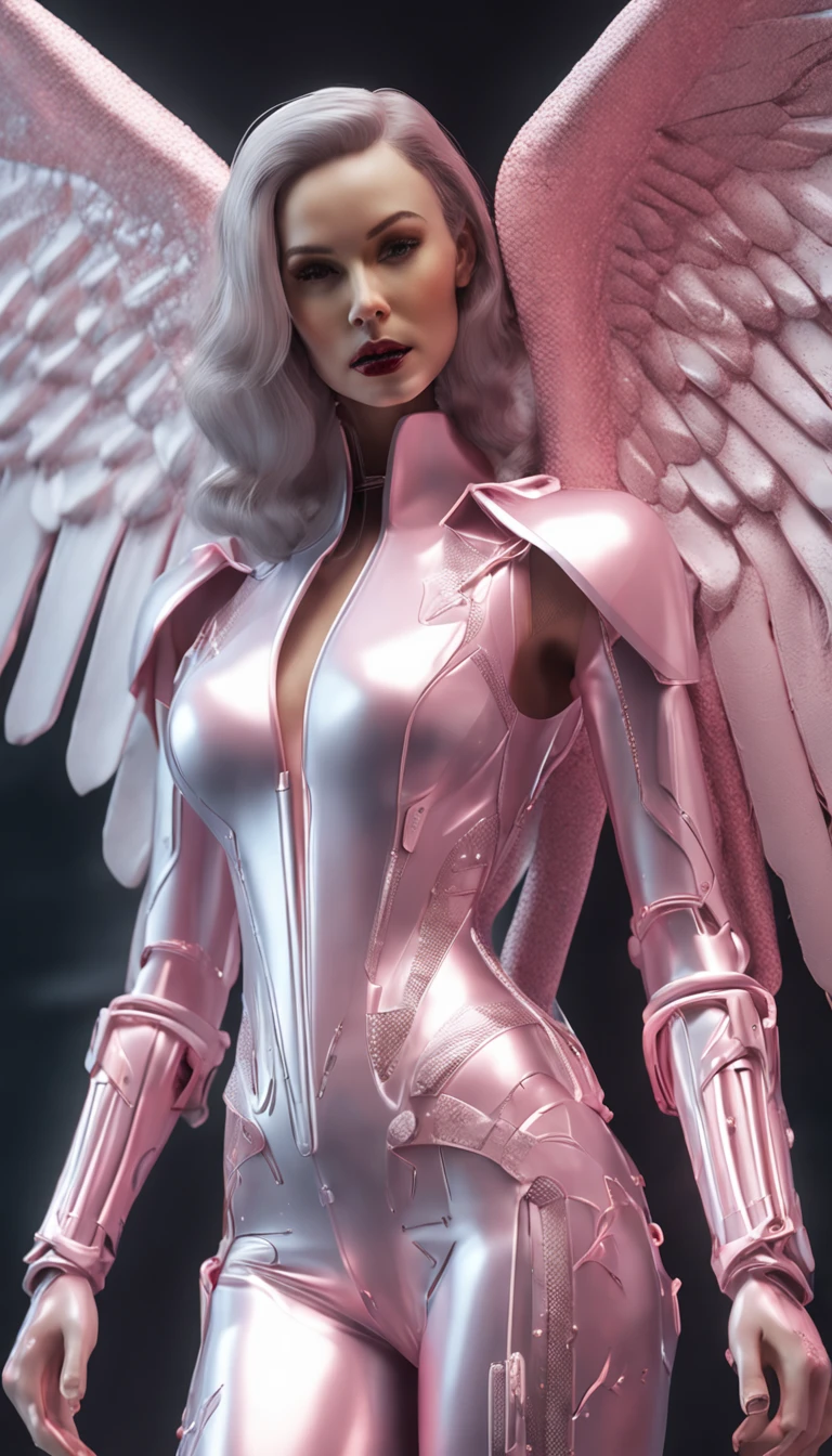 Close-up of angel statue with wings, angel of death, angel of death, unreal engine rendered + A goddess, villainess has black angel wings, the angel of death with a halo, angel in plastic armor, Flowing white robe, portrait of the angel of death, angel knight gothic girl, full - body majestic angel, angel protecting woman, Cover art, Take control of your life, Stick to life, One is called "Snatch life"Full body like，(RAW photo:1.2)，Pink latex jumpsuit，Hollow-out on，Holt collar, latex shiny,tight-fitting，sweat leggs，White liquid， Pink body, wearing atsuko kudo latex outfit, wearing tight suit, Smooth pink skin, catsuits, Wearing latex, shiny plastic, shiny metallic glossy skin, The color of pink glow, latex outfit, chrome bodysuit, cyberpunk glossy latex suit, Shiny, futuristic glossy latex suit　spread their legs　M-shaped legs　angry look　sullenness　Irritated，white liquid all over body，