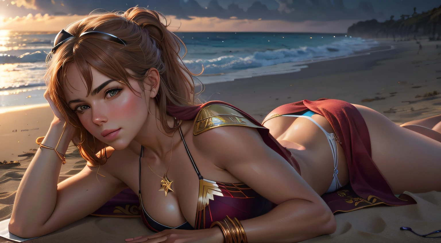 Arad woman lying on the beach，A towel on his stomach, Extremely detailed Artgerm, alena aenami and artgerm, WLOP et Artgerm, Artgerm et WLOP, artgerm julie bell beeple, IG model | Art germ, artgerm detailed, wojtek fus, artgerm 4 k