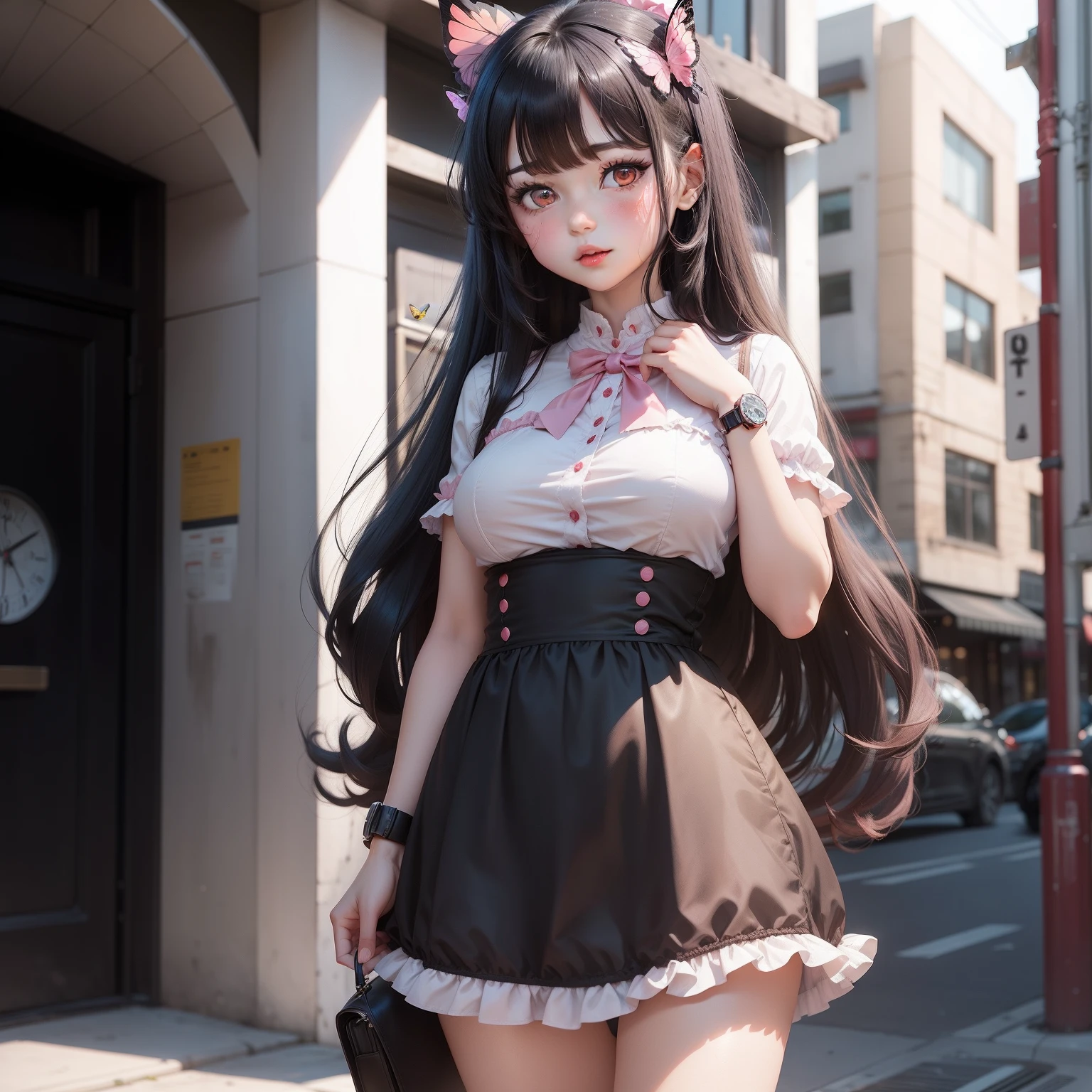 A girl , anime ,cute, blush, long black hair, pink eyes,red lips, wearing frock, background is a building, wearing a braslet in left hand and wearing a watch in right hand, small boobs, wearing a butterfly hairclip on hair