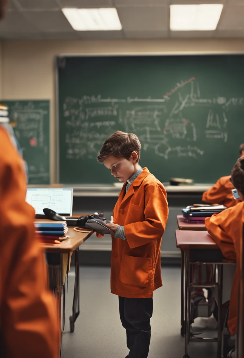 Teenager in orange lab coat facing a blackboard teaching in a school with computers and the technological environment