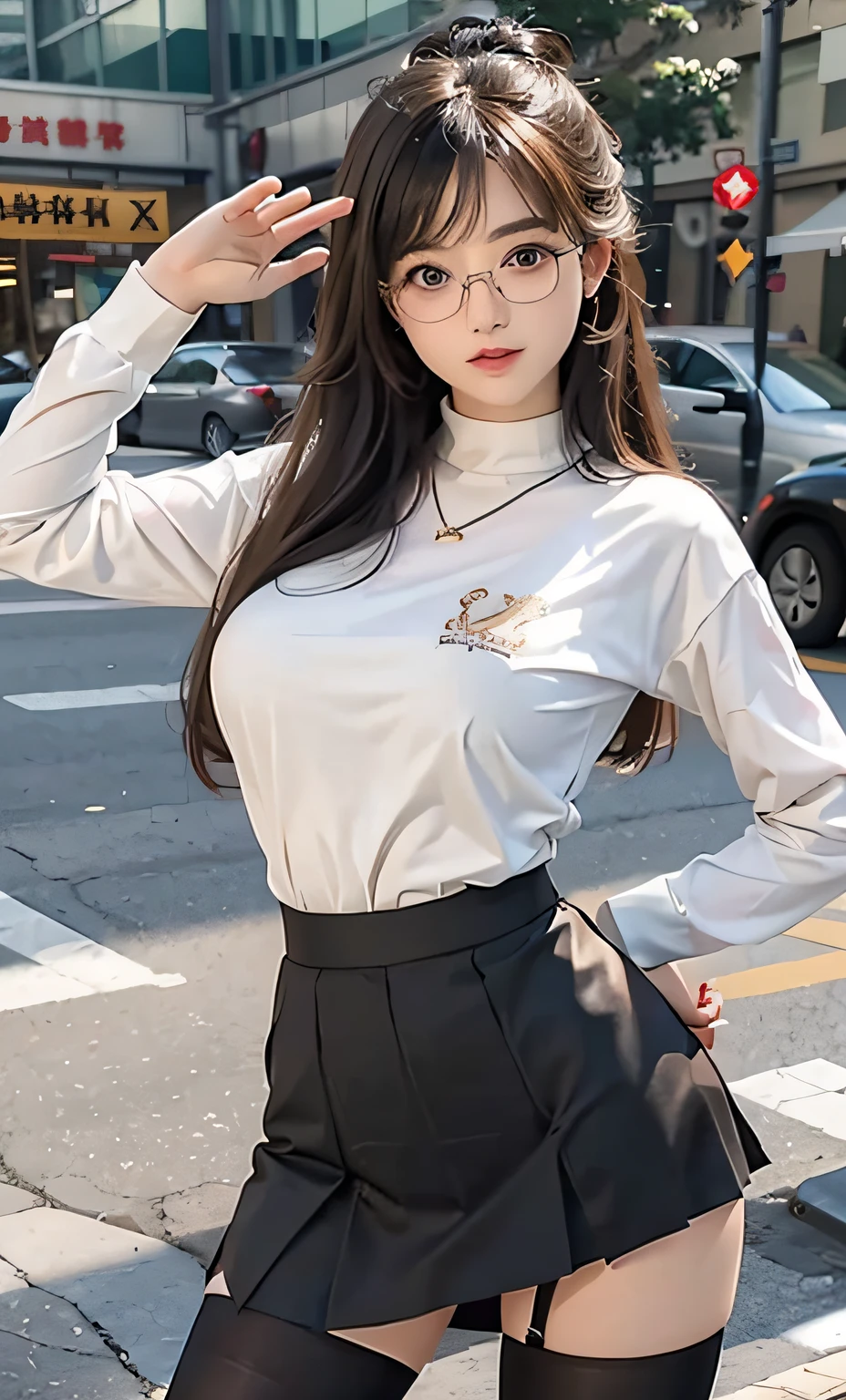 ulzzang -6500-v1.1, (Raw photo:1.2), (Photorealistic:1.4), Beautiful detailed girl, Very detailed eyes and face, Beautiful detailed eyes, Ridiculous, Incredibly ridiculous, Huge file size, super detailed, High resolution, Very detailed, Best Quality, masutepiece, ((fashion clothing with diverse colors)), Illustration, Very detailed, nffsw, unified, 8K Wallpaper, amazing, Fine detail, masutepiece ,Best Quality, Highly detailed ticker uniform 8k wallpaper, Light on Face, Movie Lighting, 1girl in, 16 years old, long white hair, side split, (Big breasts), ()), (Glasses), ((Dynamic Pose))), ((Sexy Pose))), (Camel toe), (half), (pantyhose)), ((Black hip skirt))