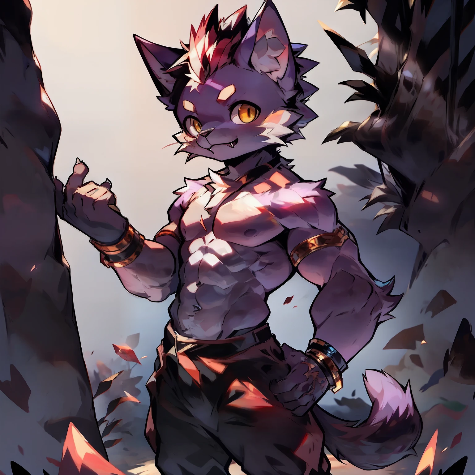 Best quality, Young, 15 year old, Furry, Solo, Male Cat: 1.5, Purple fur: 1.5, Purple Ears, Animal Ear, Yellow eyes, Muscular body, Abs, Wearing Shaolin legging, Topless, Standing in the courtyard of Shaolin Temple, Wearing bracelets, Mohawk hair, Rich body movements, Detailed fur, Detailed clothes, Complex background, fangs, cat whiskers.