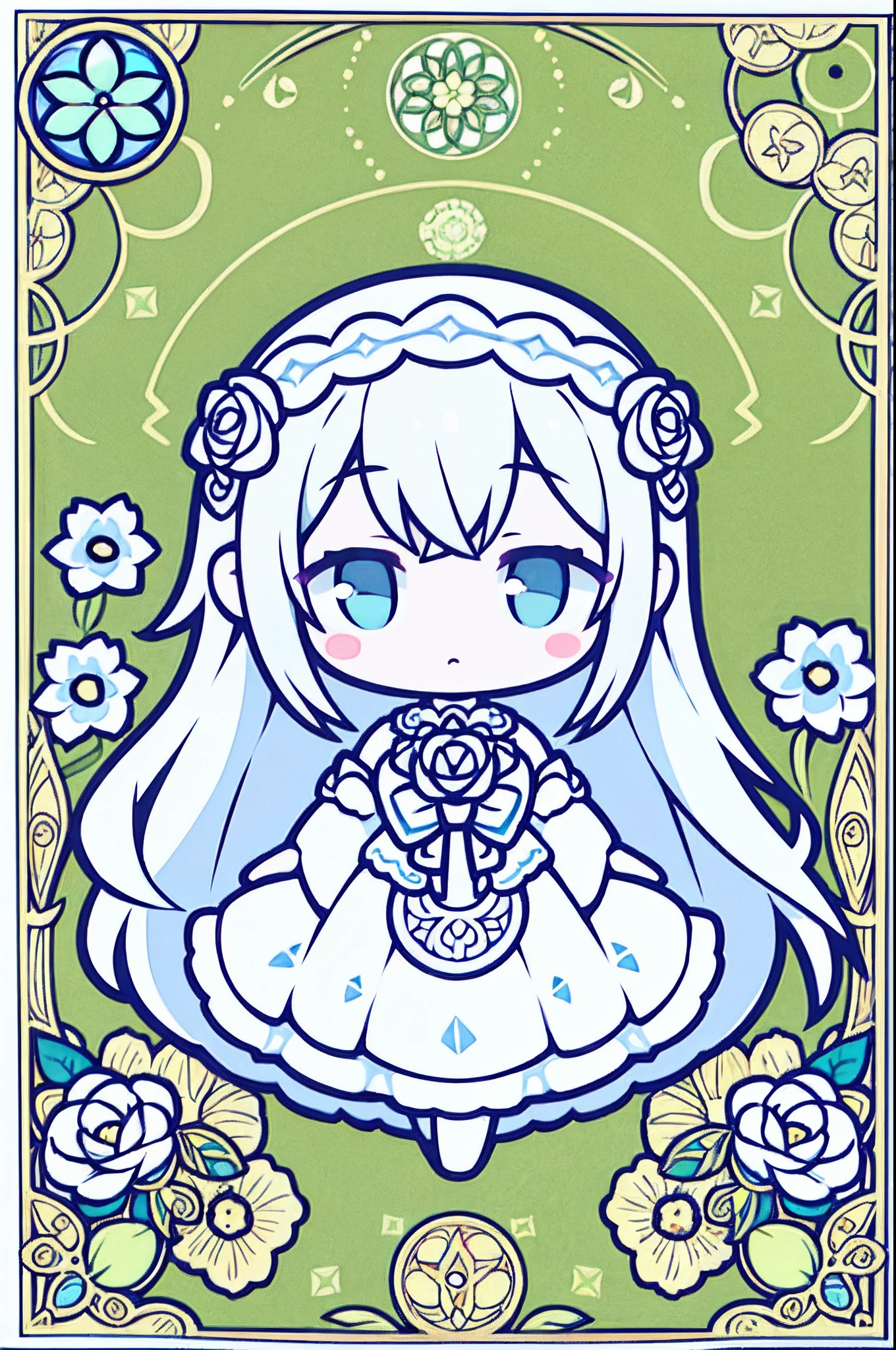chibi、Flowers and goddess, garden, art for coloring book page, full white background, only use outline, line art, coloring book, clean line art, mandala for coloring with nature ornaments, simple and clean line art, coloring book page, adorned in Art Nouveau style, with a stroke of Alfons Mucha's brush, perfect details, real.