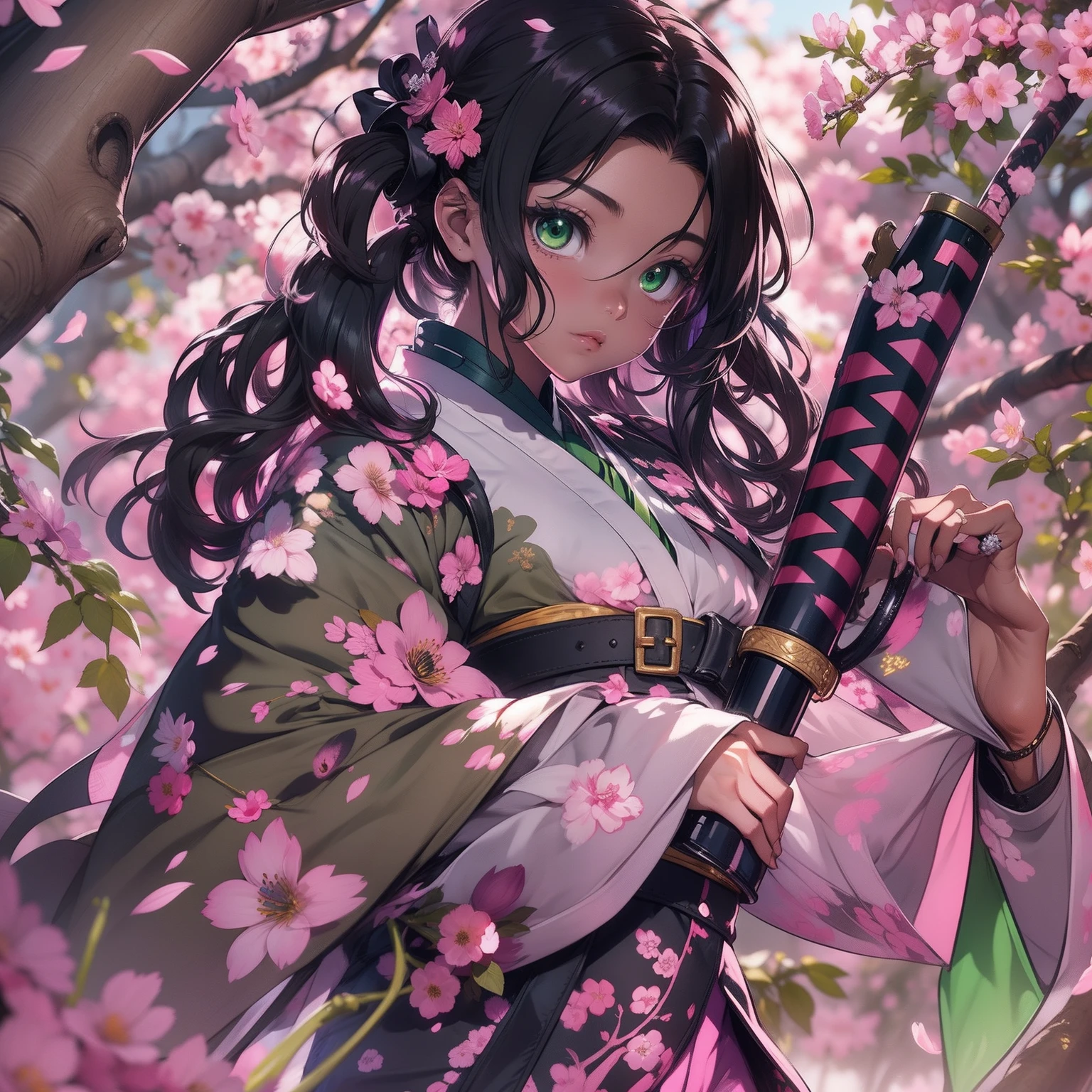 1 person,Beautiful dark-skinned girl standing under cherry blossom tree，Holding a natural katana, Long black hair with elegant curls, Beautiful handmade gold flower pins on hair, Bright smile, Plump big lips, Large glowing green eyes, Wearing a Demon Slayer uniform, Loose black demon killer pants，Fasten with a large white belt, Wear traditional green haori，The black Demon Slayer uniform has purple and red flower motifs,Demon Slayer Style, 8K resolution, High quality, Best quality, (Masterpiece), Highly detailed, Good shadows,