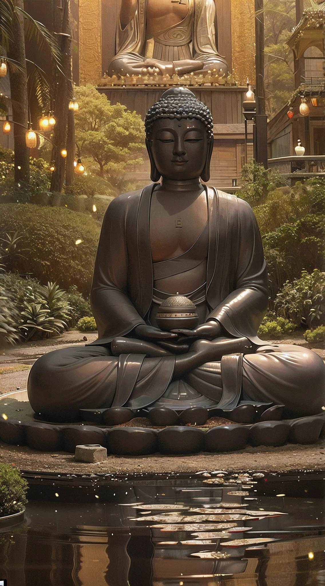 There is a Buddha statue in the pond, a Buddhist Buddha, Zen temple background, Buddhism, Buddhist, On the road to enlightenment, Zen meditation, Buddha, On the road to enlightenment, zen atmosphere, Serene expression, zen natural background, Beautiful image, powerful zen composition, 4K tranquility, zen méditation cyberpunk, a serene smile, Meditation, zen feeling