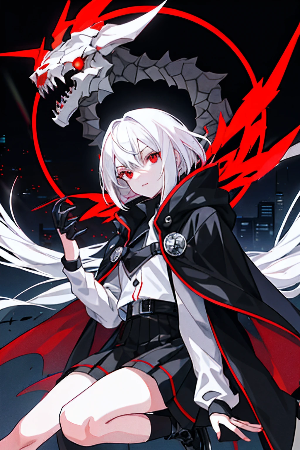 High- sharpness,teens girl,White hair and red eyes,Wearing a black cloak like a hacker,The background is the city at night