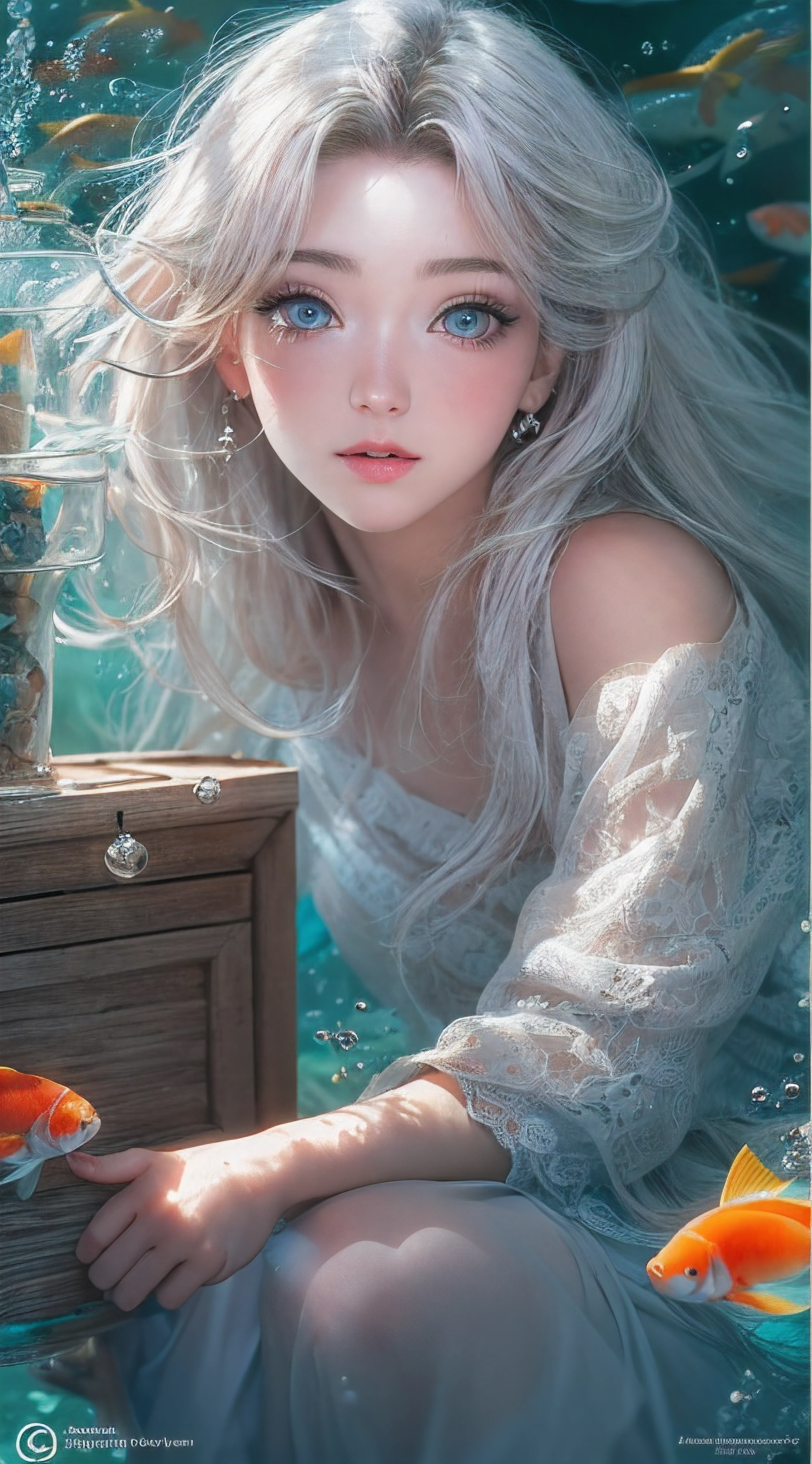 best quality, masterpiece, (realistic:1.2), 1 girl, detailed face, beautiful eyes, [(Transparent background:1.5)::5],(((masterpiece))),(((best quality))),(((extremely detailed))),illustration, 1girl,solo,mysterious,vivid color, shiny, underwater transparent sealed hemispherical glass dome, (white hair),(purple eyes), full body, barefoot, long hair tranquil nature, koi, Underwater, Dome, close up, Dynamic actions, Lens perspective,(((Box composition))),sit cross-legged and lean against the bookshelf, volumetric lighting, multi-color eyes, detailed eyes, hyper detailed, light smile, highly detailed, beautiful, small details, ultra detailed, best quality, intricate, 4k, 8k, trending on art station, good anatomy, beautiful lighting, award-winning,