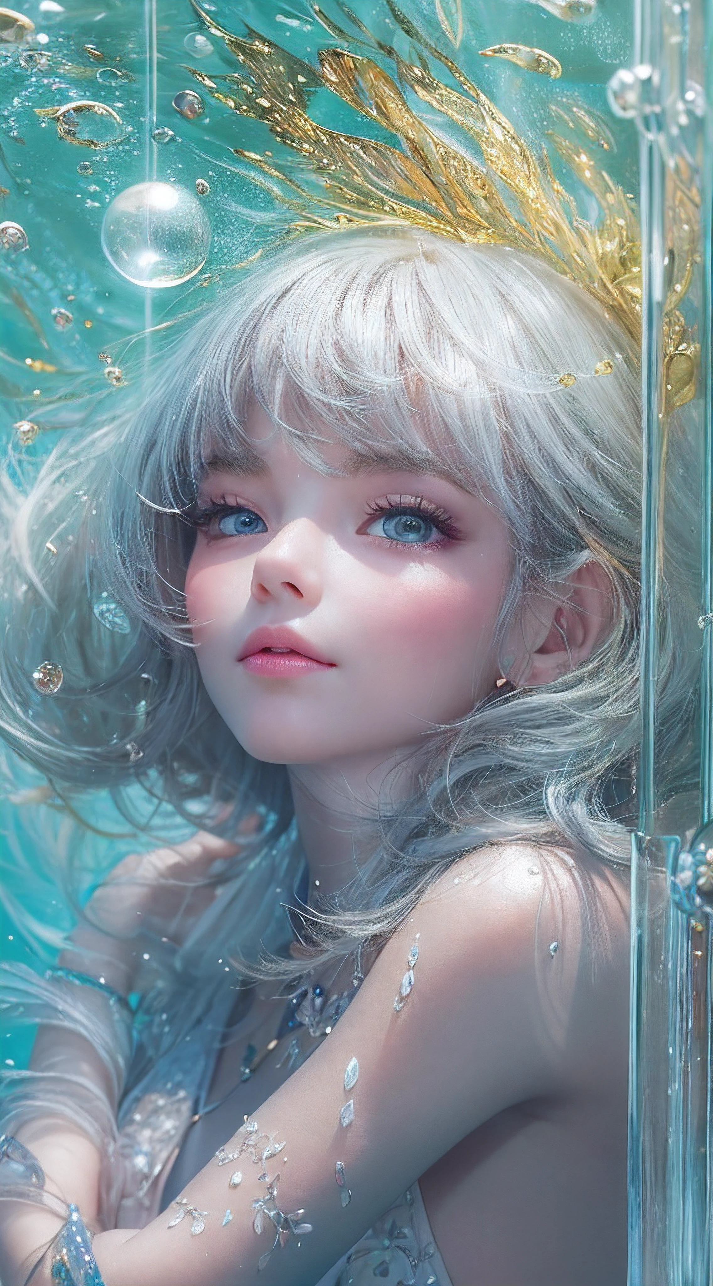 best quality, masterpiece, (realistic:1.2), 1 girl, detailed face, beautiful eyes, [(Transparent background:1.5)::5],(((masterpiece))),(((best quality))),(((extremely detailed))),illustration, 1girl,solo,mysterious,vivid color, shiny, underwater transparent sealed hemispherical glass dome, (white hair),(purple eyes), full body, barefoot, long hair tranquil nature, koi, Underwater, Dome, close up, Dynamic actions, Lens perspective,(((Box composition))),sit cross-legged and lean against the bookshelf, volumetric lighting, multi-color eyes, detailed eyes, hyper detailed, light smile, highly detailed, beautiful, small details, ultra detailed, best quality, intricate, 4k, 8k, trending on art station, good anatomy, beautiful lighting, award-winning,