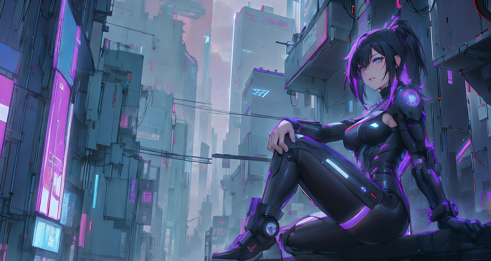 Cyber girl sitting on a ledge in the city at night。Cyberpunk anime art envelops her as digital worlds intersect。Modern cyberpunk art style illuminated by neon lights、It depicts a fusion of an anime girl and a mecha.。This art with a cyberpunk theme is、Feel like a dreamy future。With the scenery of a cyberpunk city lined with skyscrapers、Her presence is enchanting,、It seems to be wrapped in a mysterious magic。