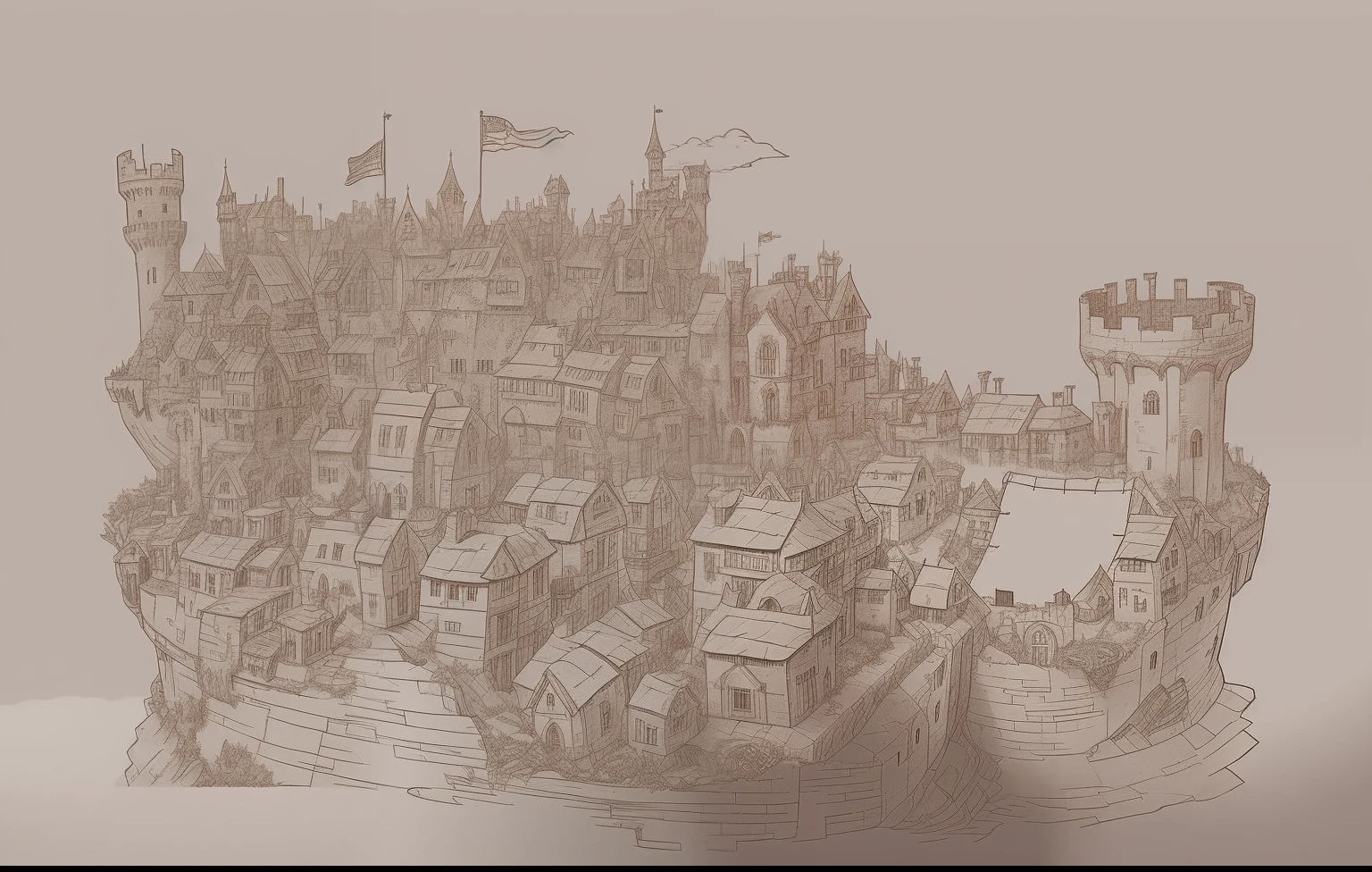 Draw a castle,A flag fluttered above, detailed but rough, view over city, stylized linework, spontaneous linework, anime city lineart, Ruined cityscape, concept-art!, in steampunk cityscape, Small city, shanty townships, loose linework,sky cities,hiyao miyazaki,clouds