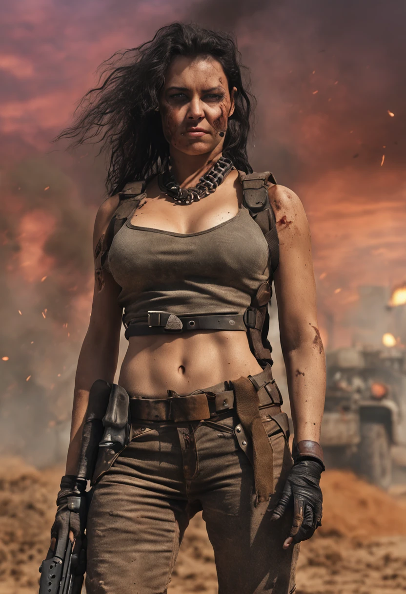 Mad Max Woman, photographrealistic, Postapocalypse、rifle、naked, huge tit、Young woman、Lots of skin、