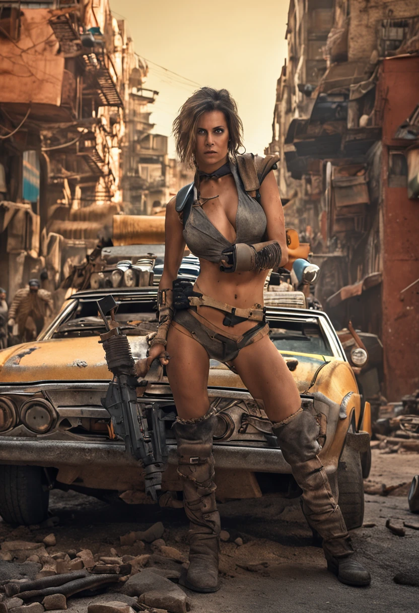 Mad Max Woman, photographrealistic, Postapocalypse、rifle、naked, huge tit、Young woman、Lots of skin、