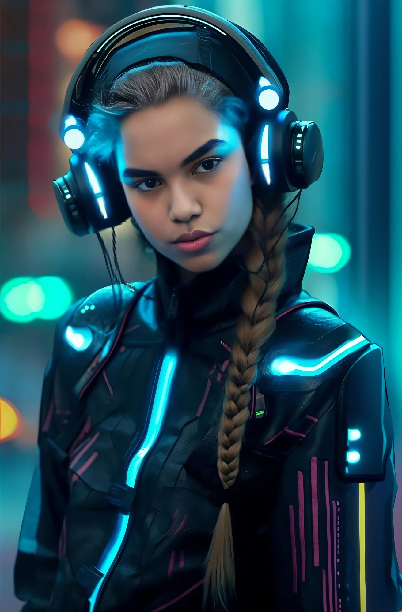 um close up de uma pessoa usando fones de ouvido e uma jaqueta, brilho Cyberpunk brilhante, menina Cyberpunk sonhadora, vibe Cyberpunk, Cyberpunk menina bonita, no estilo Cyberpunk, Garota Cyberpunk, cyberpunk vibes, Cybernetic style, tem estilo Cyberpunk, estilo Cyberpunk neon, retrato da menina de glowwave, Cyberpunk 2 0 e. o modelo menina, estilo Cyberpunk, Cyberpunk))), Cyberpunk neon, Judy Alvarez Cyberpunk