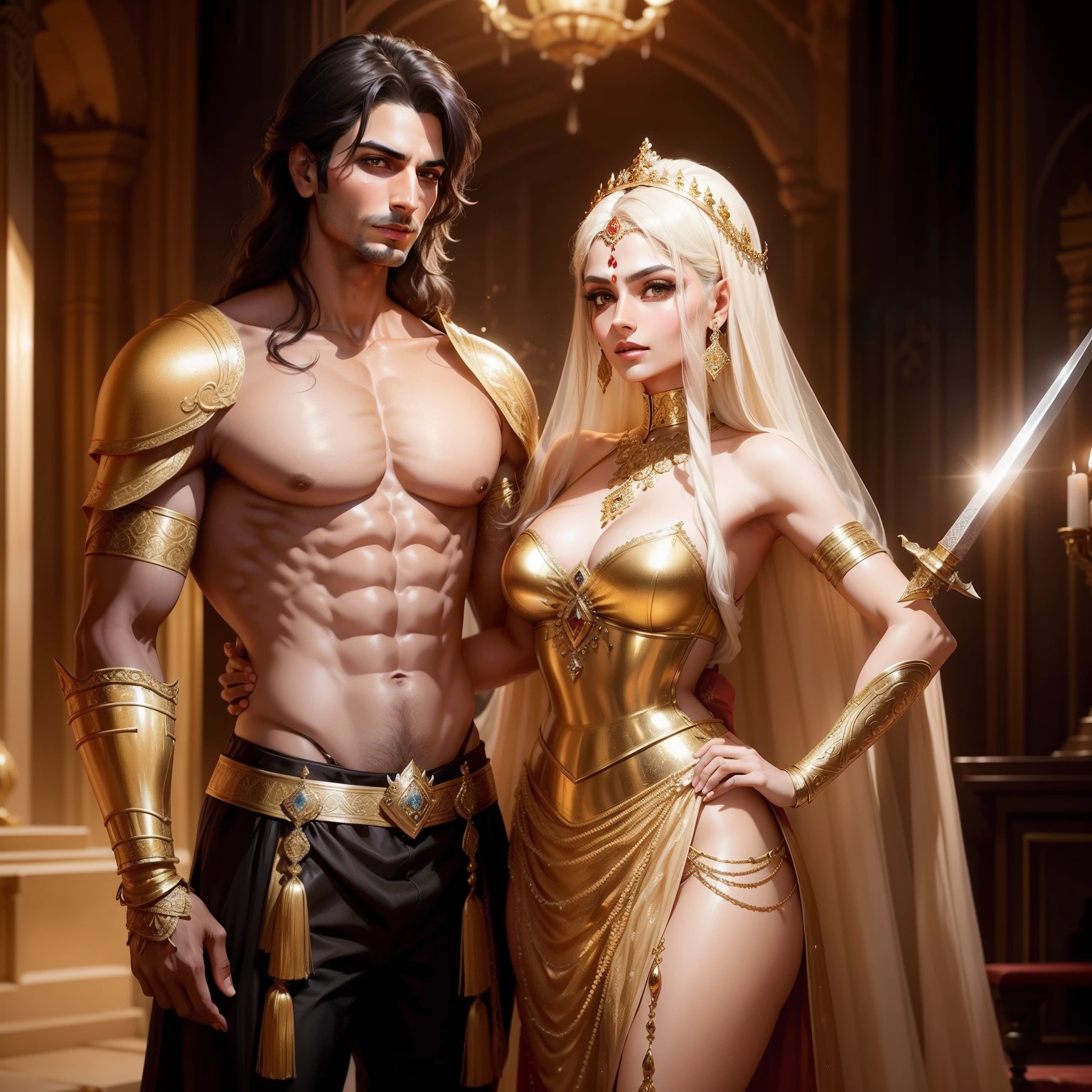 The tall and beautiful Nagin Shivanigi wears golden armor，Holding a sword，The other arm wrapped around her young、A husband who is shorter than her