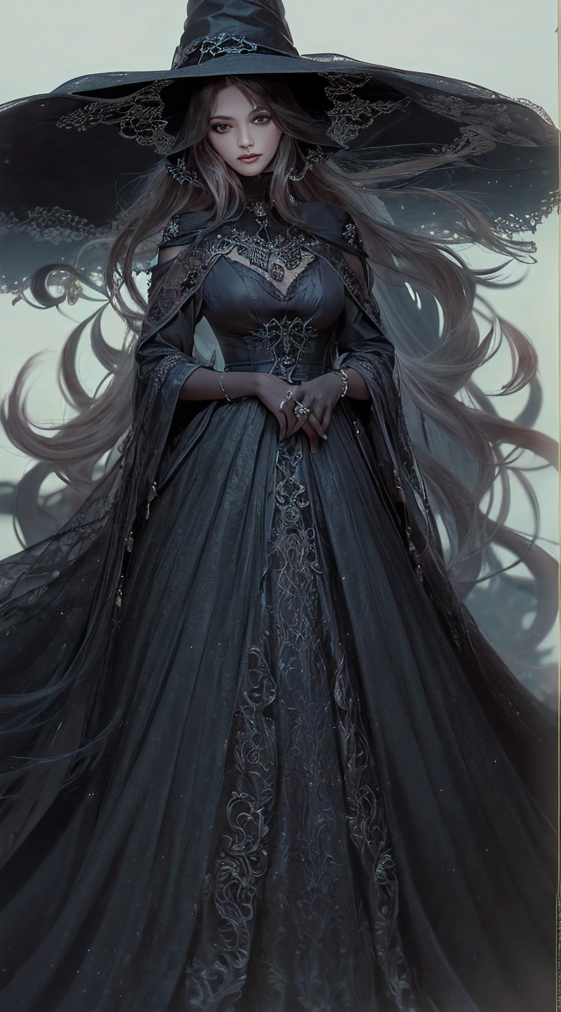 The witch girl, in the witch wedding, beautiful black dress, best quality, masterpiece, (realistic:1.2), Front, detailed face, (((masterpiece))), (((best quality))), (((extremely detailed))), illustration, mysterious, full perfect body,