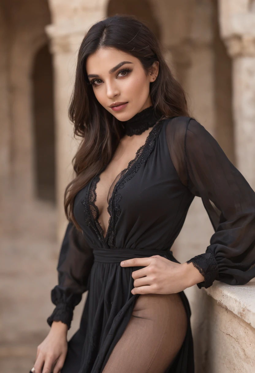 Une femme arabe qui porte une robe noir avec des collants noir, style realiste, bonne poitrine